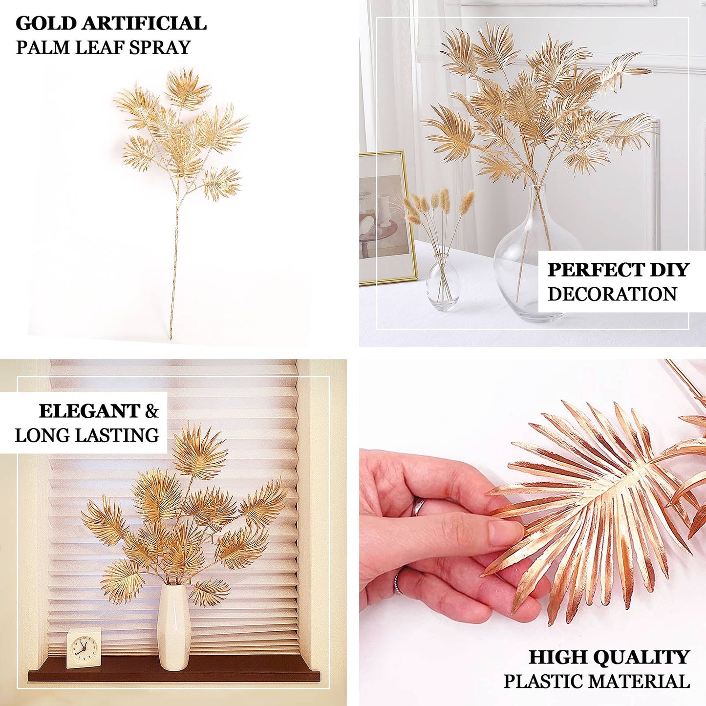 3 Pack Metallic Gold Artificial Palm Leaf Branches, Faux Plant Vase Fillers 24"
