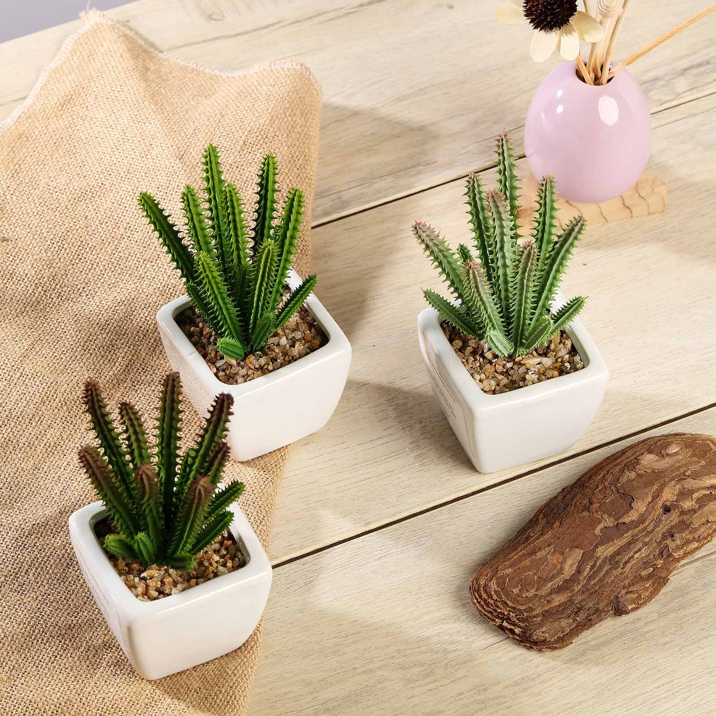 3 Pack Ceramic Planter Pot and Artificial Cacti Succulent Plants 7"