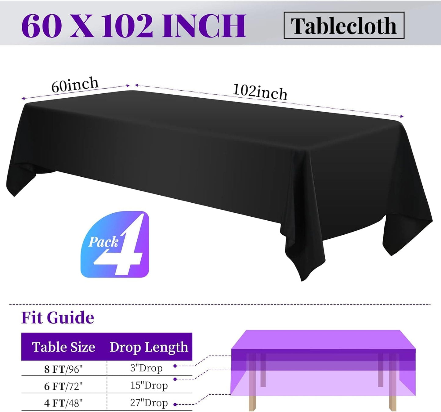 6 Pack Rectangle Tablecloth Polyester 90*156 inch