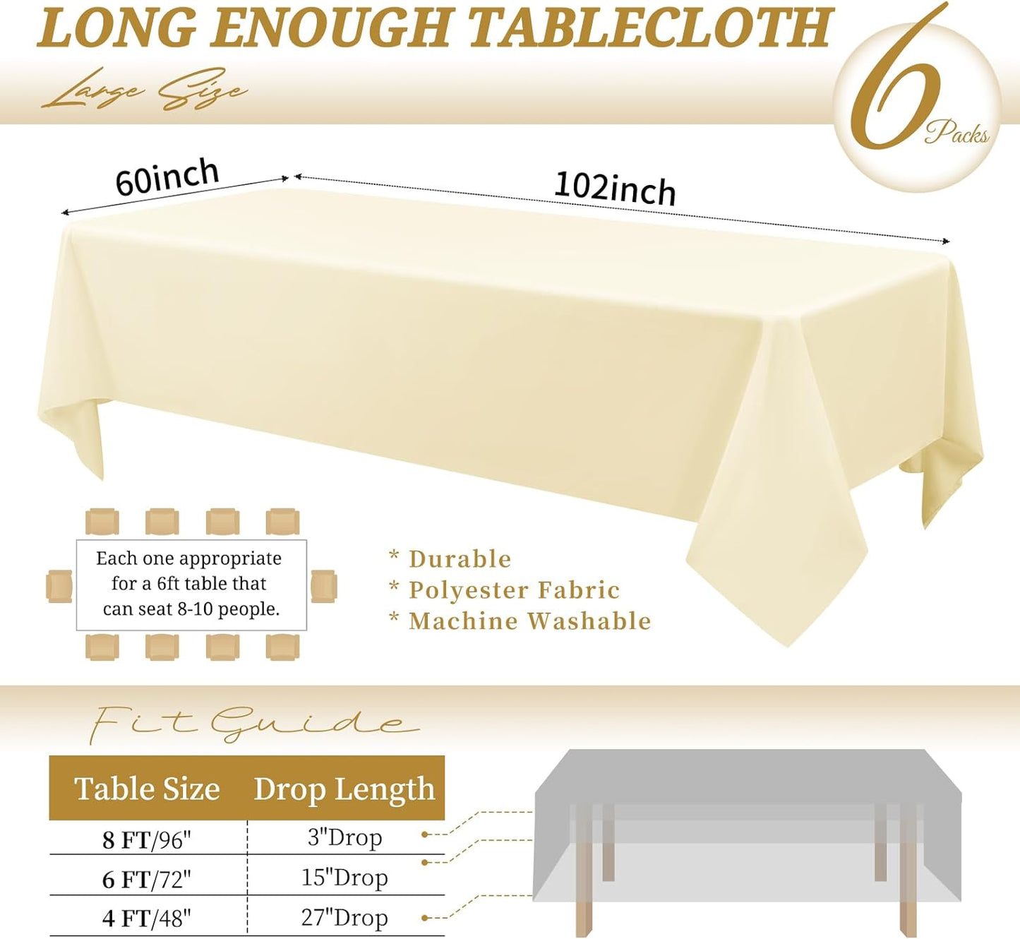 Tablecloth Polyester Table Cloth for 6 Foot Rectangle Tables,Stain and Wrinkle Resistant Washable Fabric Table Covers Polyester Beige Table Clothes for Wedding,Party,Banquet