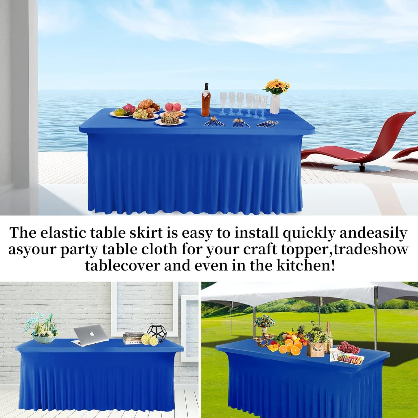 Spandex Table Skirt Fitted Royal Blue Stretch Tablecloth,1-Piece Wrinkle-Resistant Ruffles Design Installs in Seconds,Perfect for Rectangle Tables Banquets Party Wedding Thanksgiving