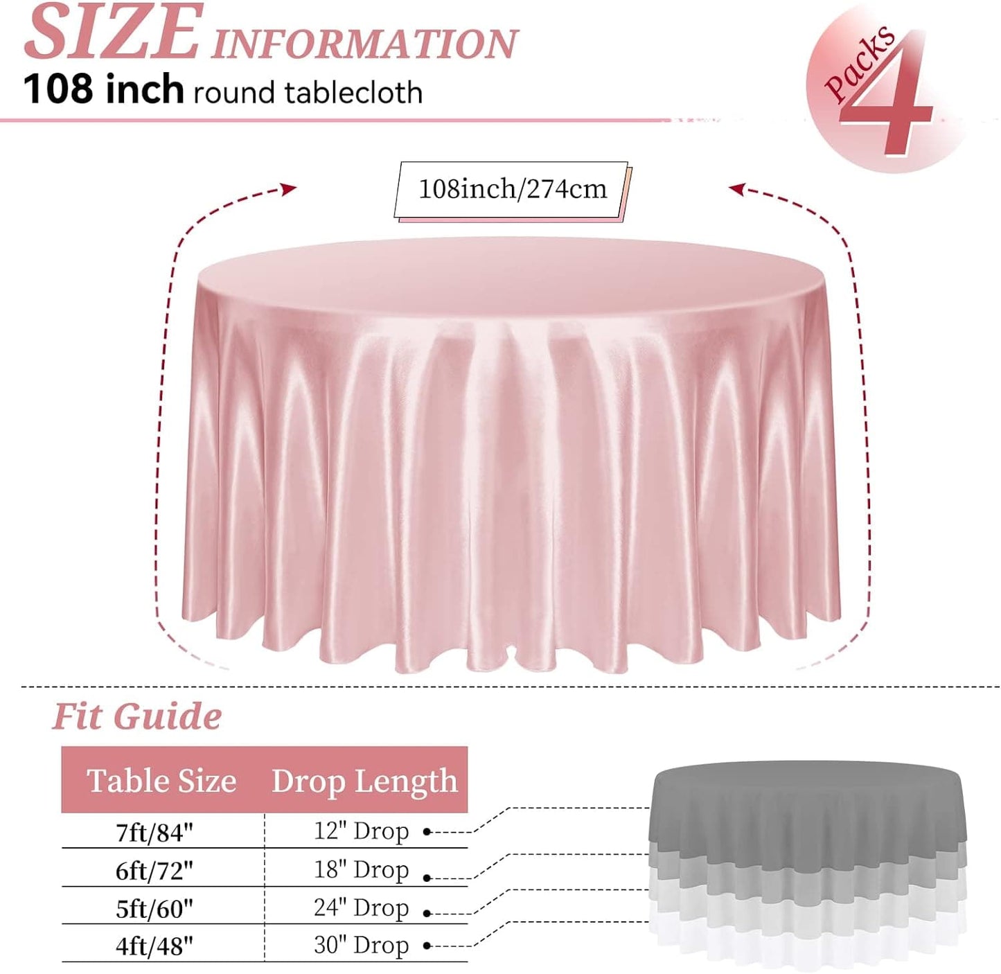 10 Packs Satin Round Tablecloth 108 Inch