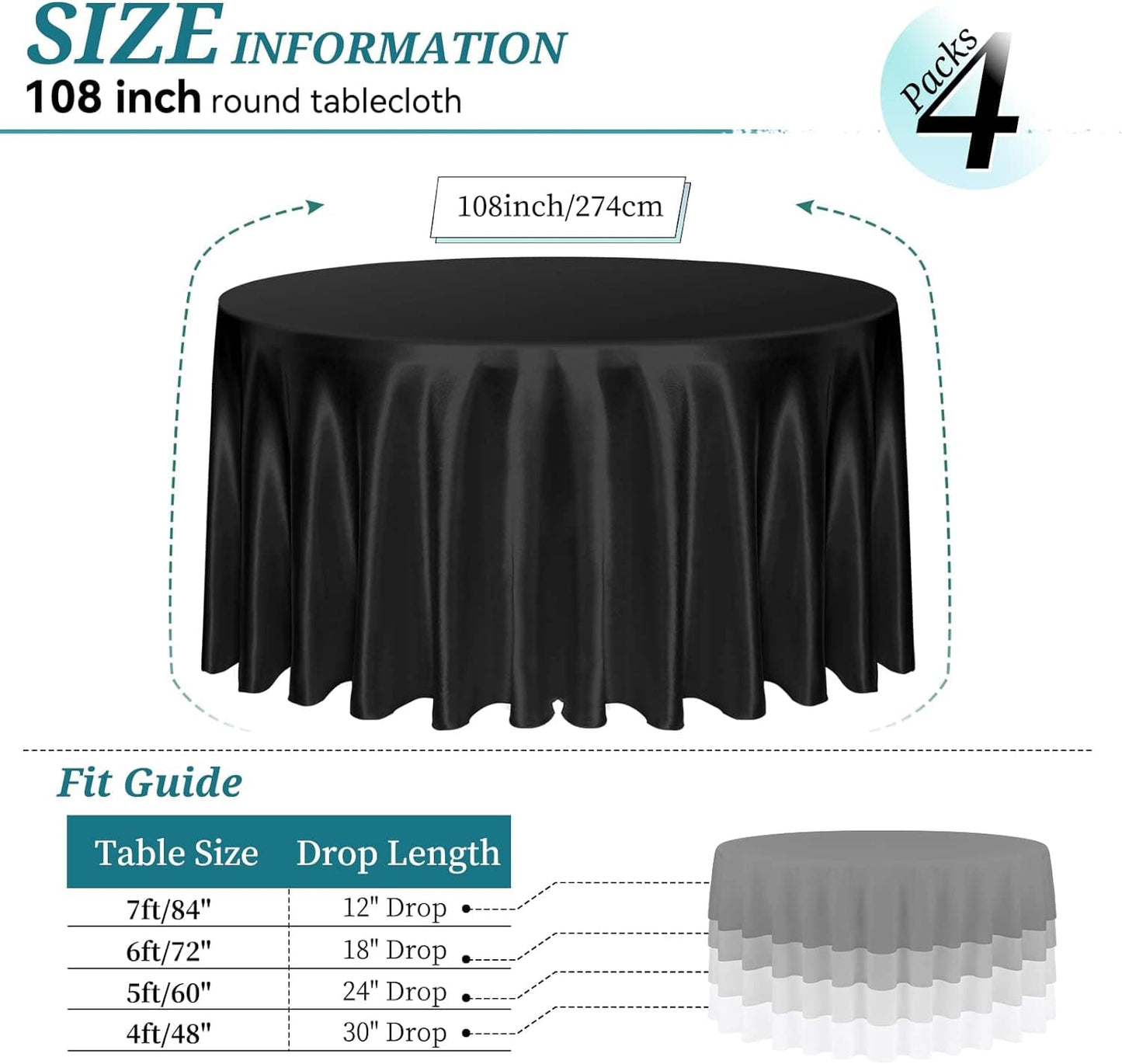 4 Packs Satin Tablecloth 108 Inch