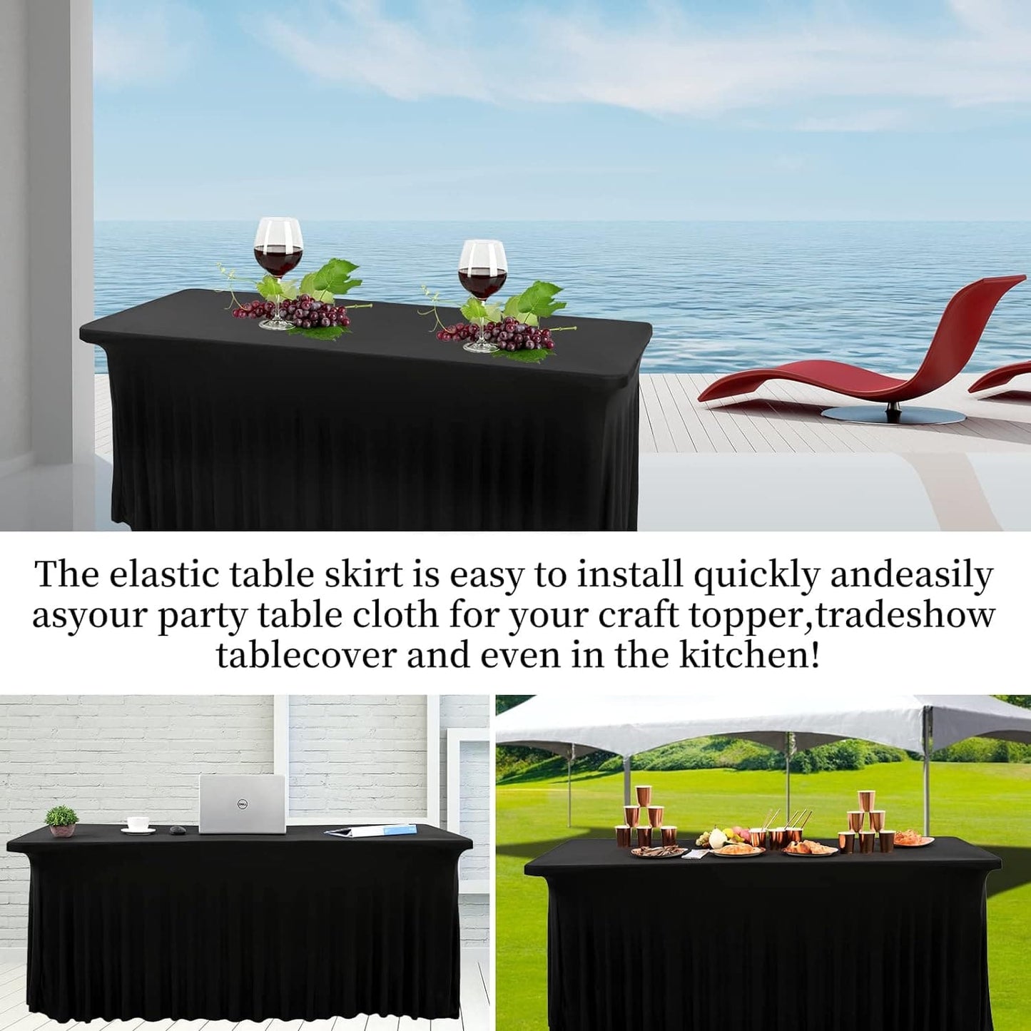 6FT/8FT CKDLINS Spandex Table Skirt Fitted White Stretch Tablecloth,One-Piece Wrinkle-Resistant Ruffles Design Installs in Seconds,Perfect for Rectangle Tables Banquets Parties Wedding Thanksgiving