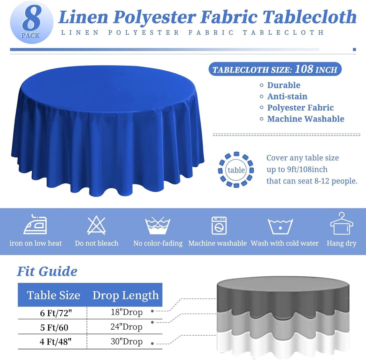 Round Tablecloth Polyester Table Cloth Royal Blue