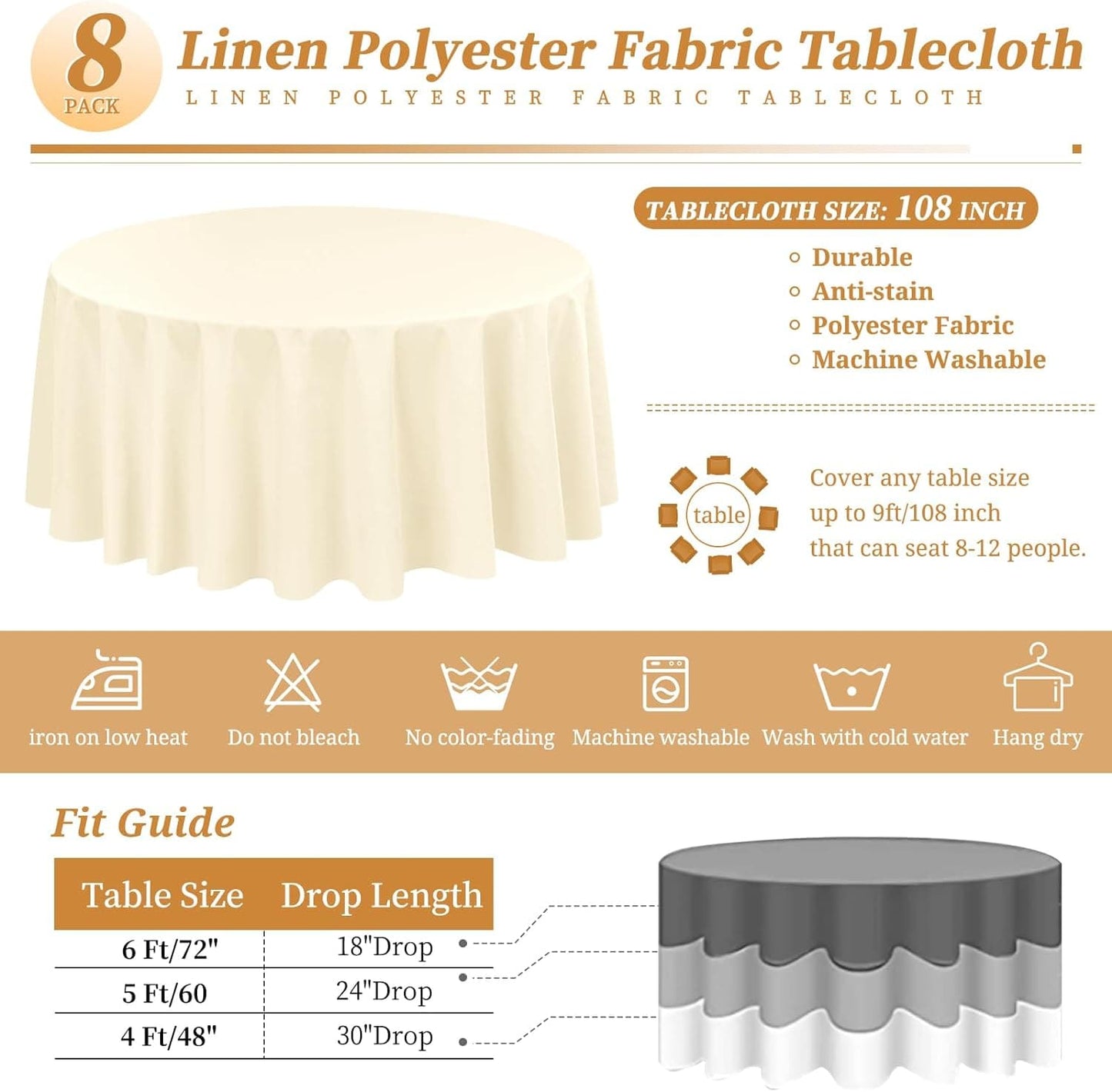 6 Pack Round Tablecloth Polyester Table Cloth 108 inch