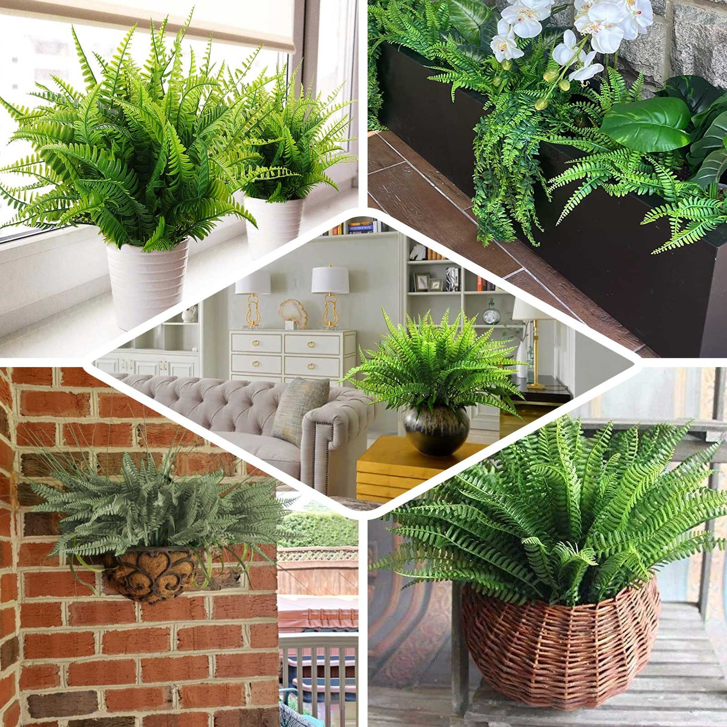 2 Stems Green Artificial Boston Fern Leaf Plant Indoor Faux Spray 18"