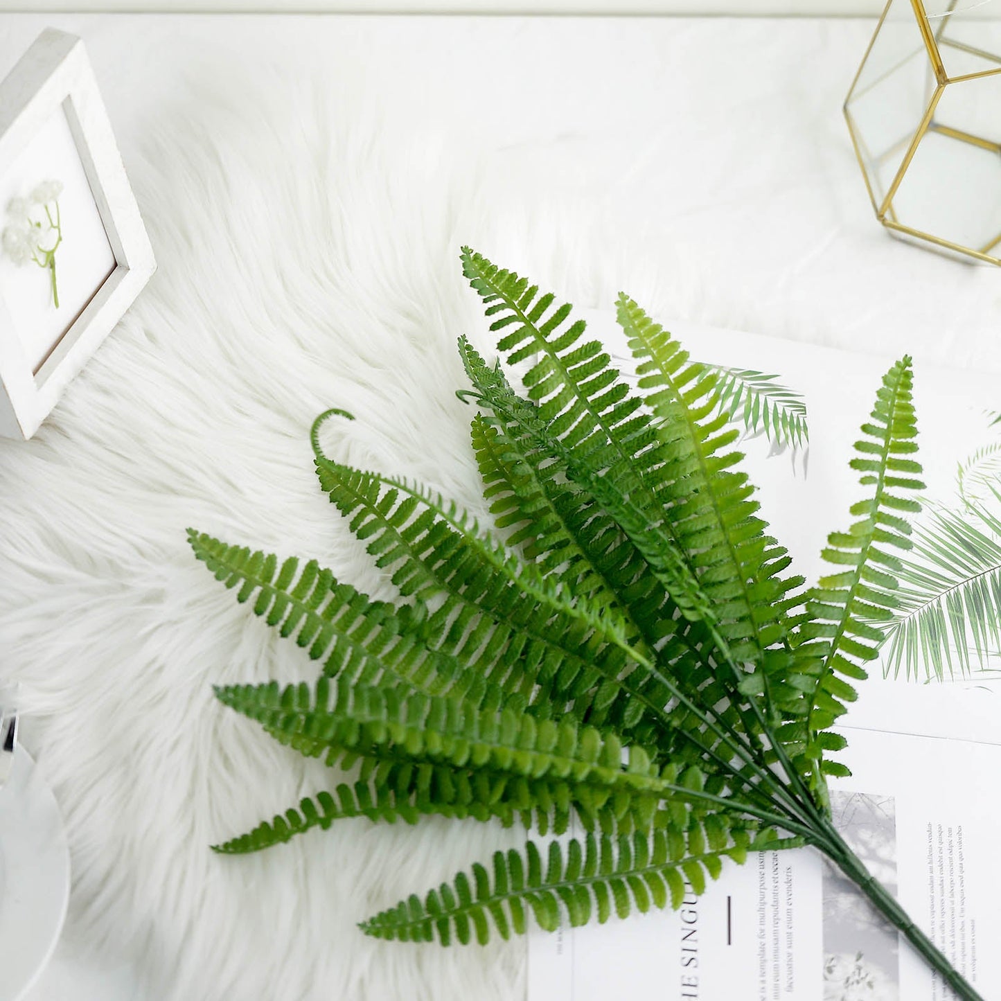 2 Stems Green Artificial Boston Fern Leaf Plant Indoor Faux Spray 18"