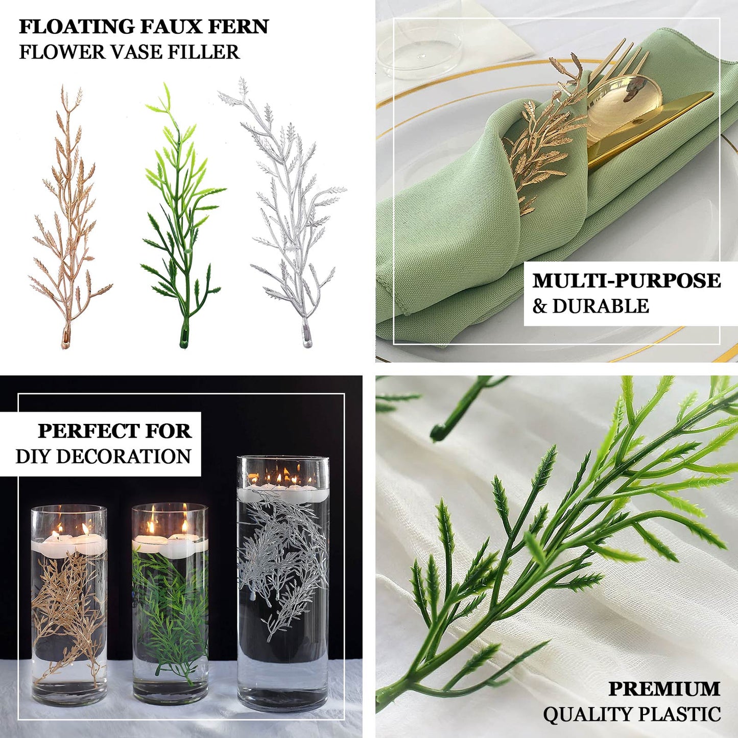 25 Pack Mini Metallic Silver Artificial Fern Leaf Branch Stems, Flower Vase Filler For Floating Candle Centerpieces 6"