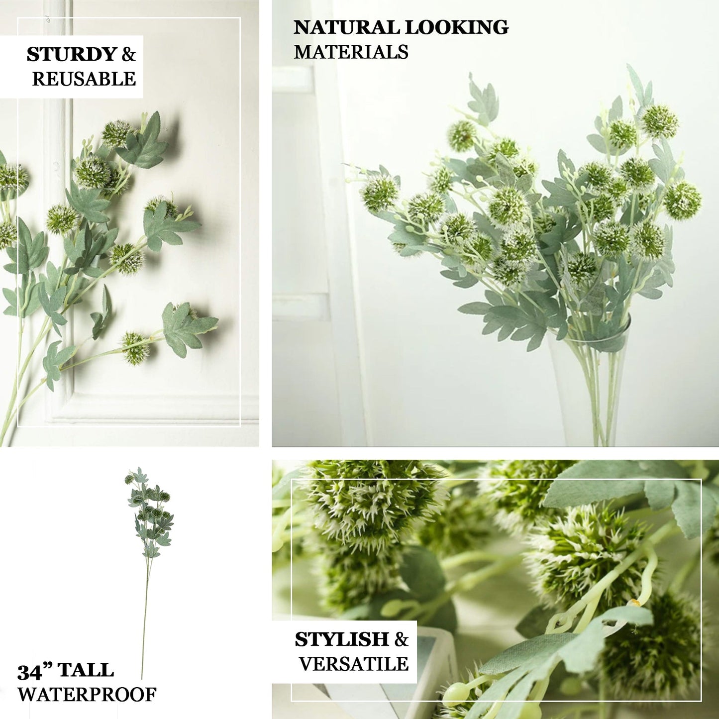 Artificial Globe Thistle Flower Spray, Faux Stem Floor Vase Decor 34" Tall