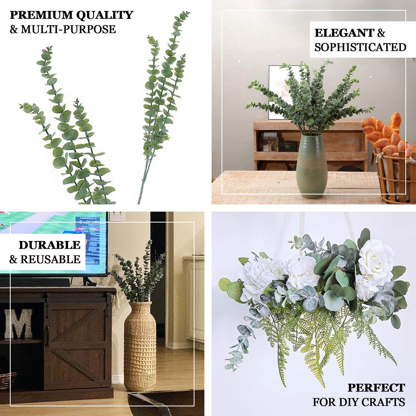 3 Bushes Frosted Green Artificial Eucalyptus Branches Faux Plant 30"