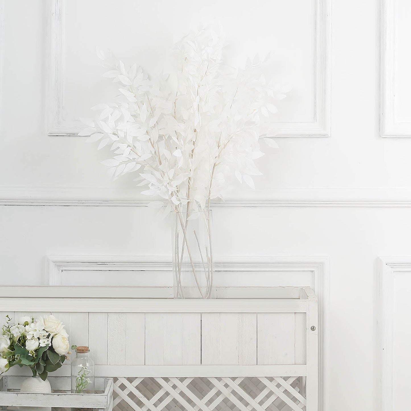 2 Bushes White Artificial Silk Plant Stem Vase Fillers, Faux Beech Leaf Branches 42" Tall