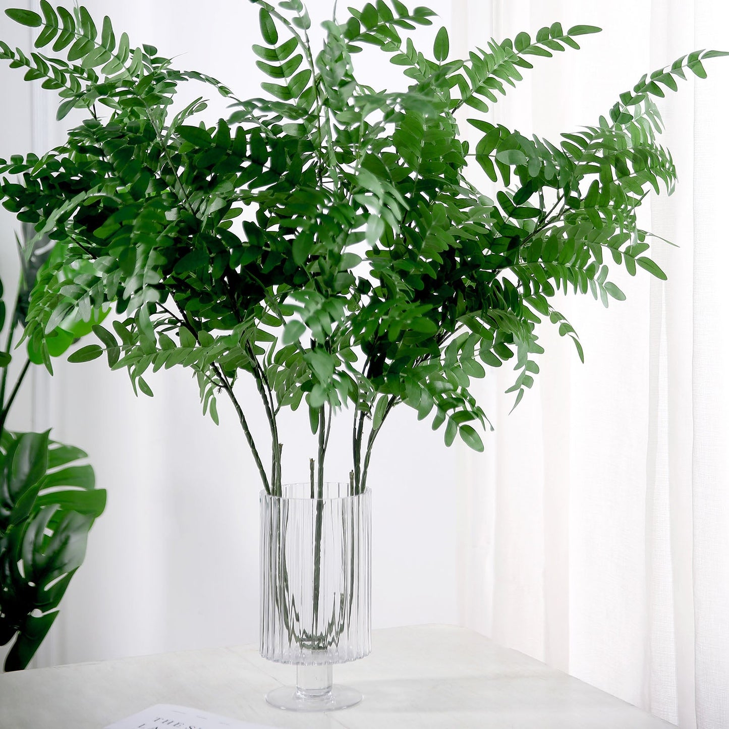 2 Bushes Light Green Artificial Silk Plant Stem Vase Fillers, Faux Honey Locust Branches 42" Tall