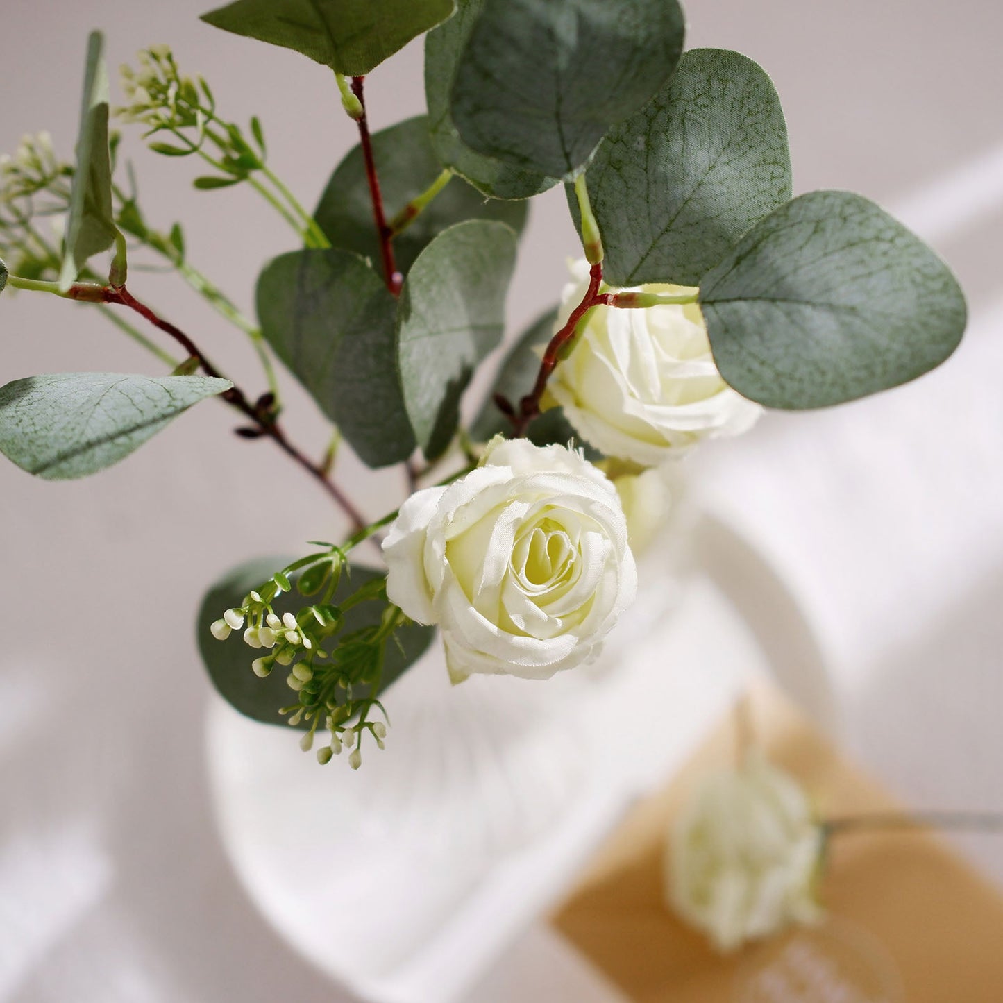 Ivory Artificial Silk Rose and Eucalyptus Flower Bouquet Arrangement 15"