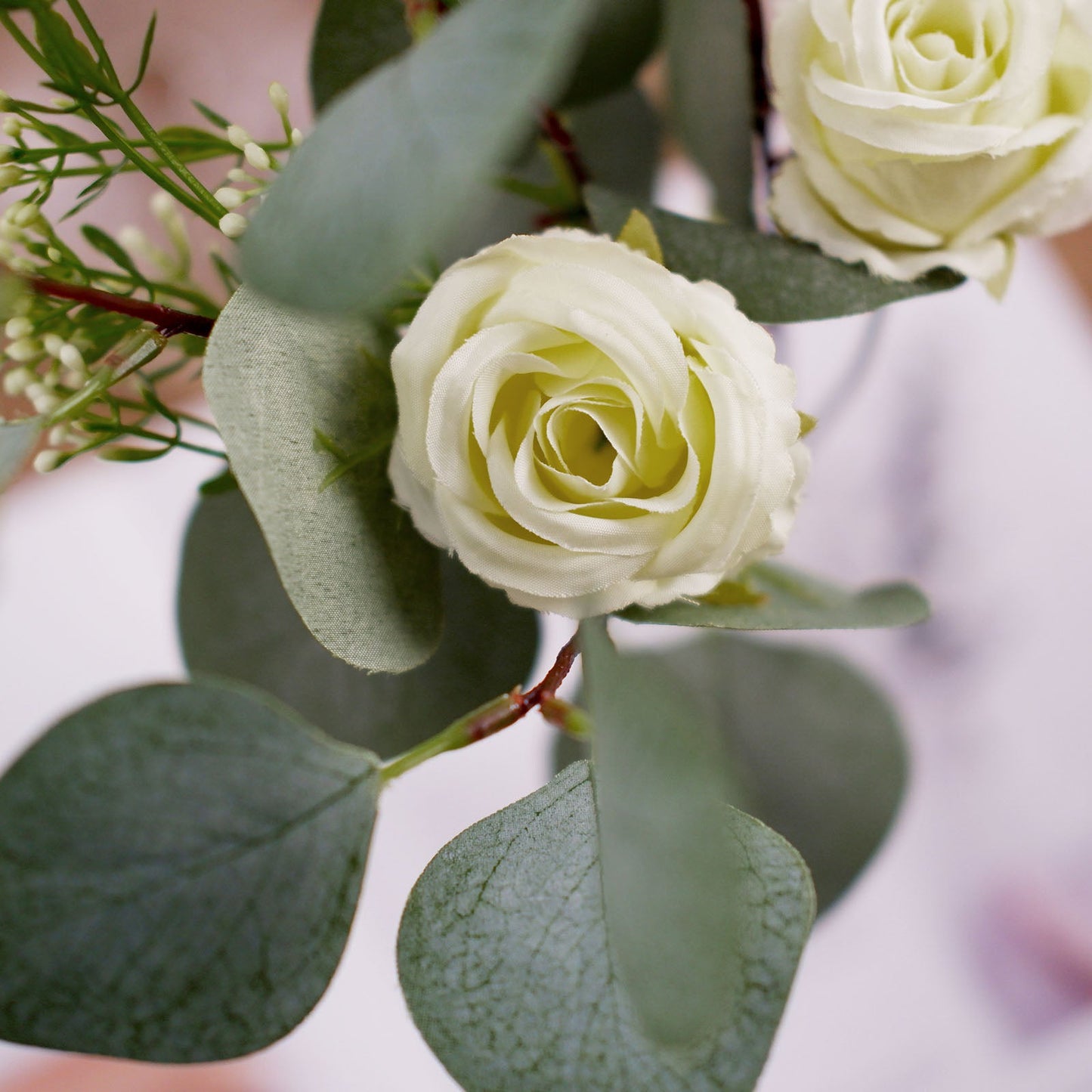 Ivory Artificial Silk Rose and Eucalyptus Flower Bouquet Arrangement 15"