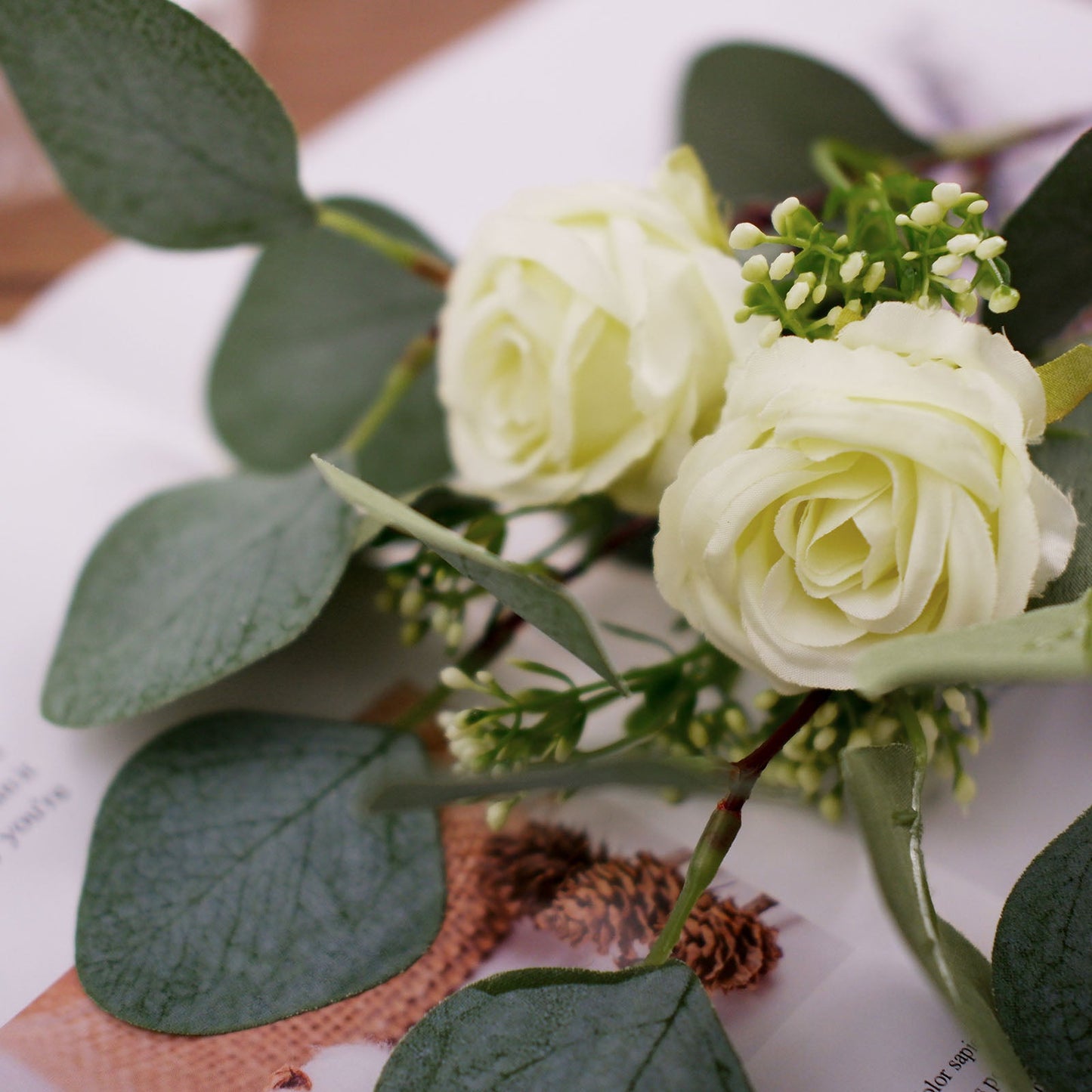 Ivory Artificial Silk Rose and Eucalyptus Flower Bouquet Arrangement 15"