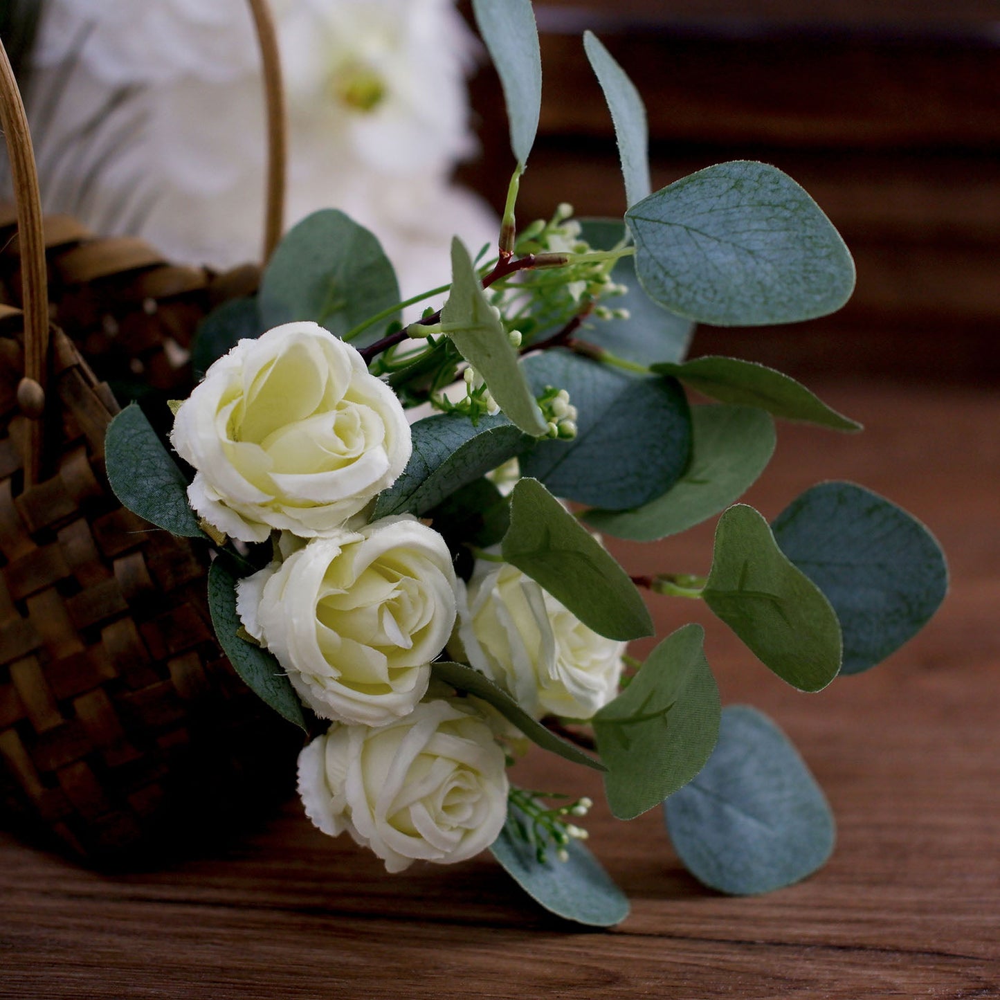 Ivory Artificial Silk Rose and Eucalyptus Flower Bouquet Arrangement 15"