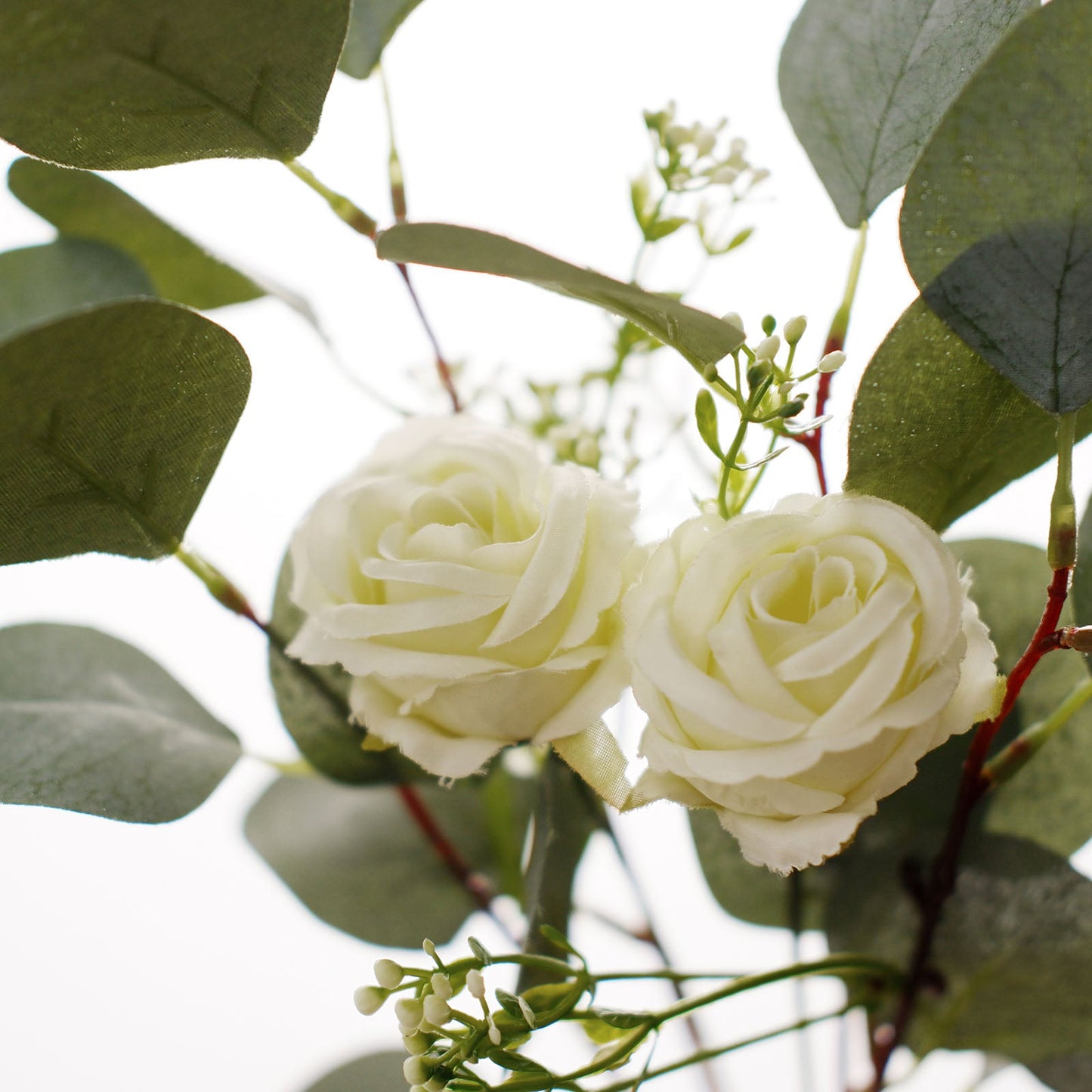 Ivory Artificial Silk Rose and Eucalyptus Flower Bouquet Arrangement 15"