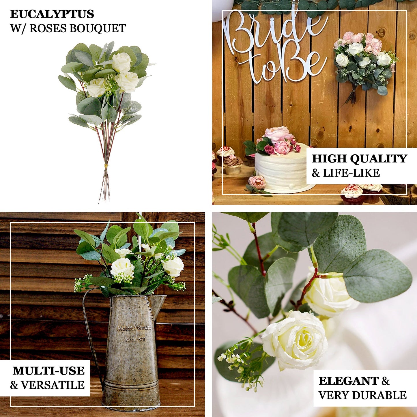 Ivory Artificial Silk Rose and Eucalyptus Flower Bouquet Arrangement 15"