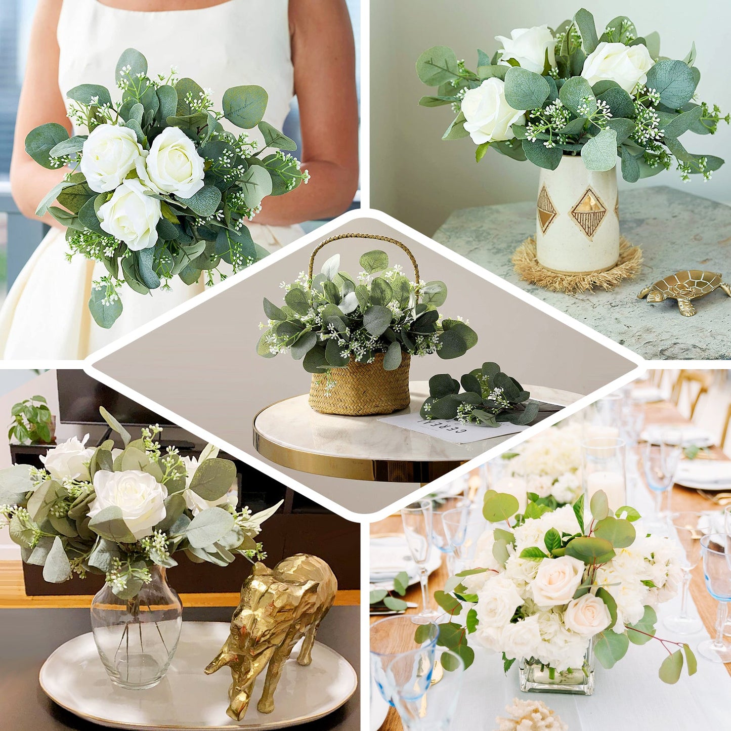 Ivory Artificial Silk Rose and Eucalyptus Flower Bouquet Arrangement 15"
