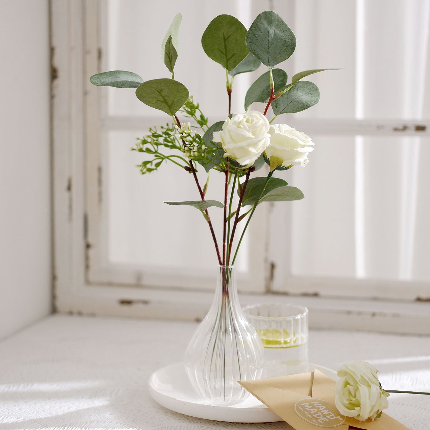 Ivory Artificial Silk Rose and Eucalyptus Flower Bouquet Arrangement 15"