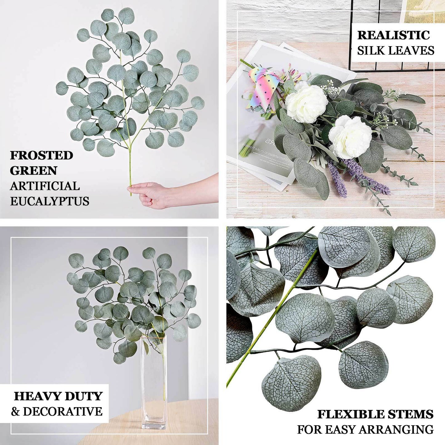 4 Pack Real Touch Frosted Green Artificial Silk Eucalyptus Leaf Stems 25"