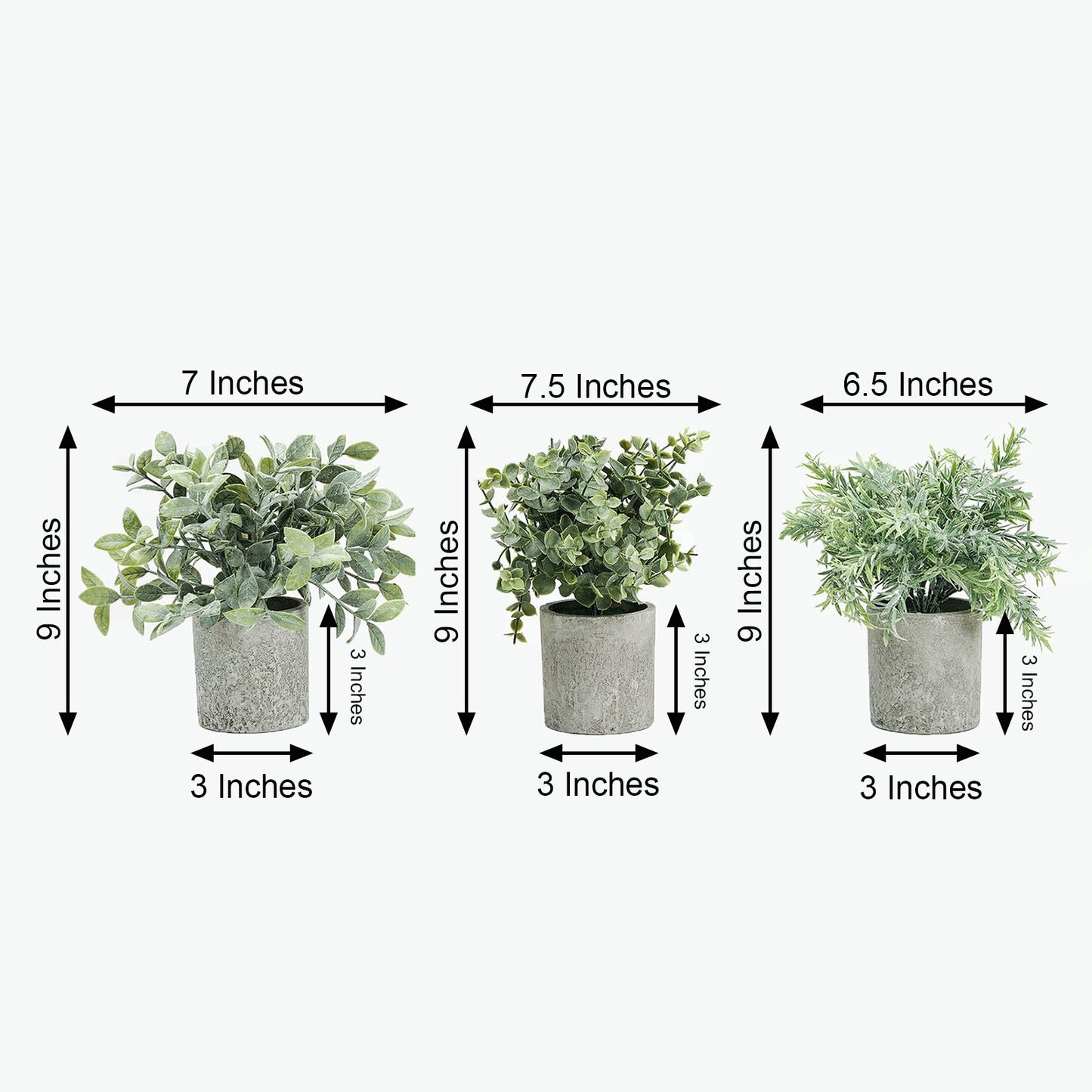 3 Plant Set Mini Potted Artificial Eucalyptus, Rosemary and Boxwood Faux Planter Collection 9"