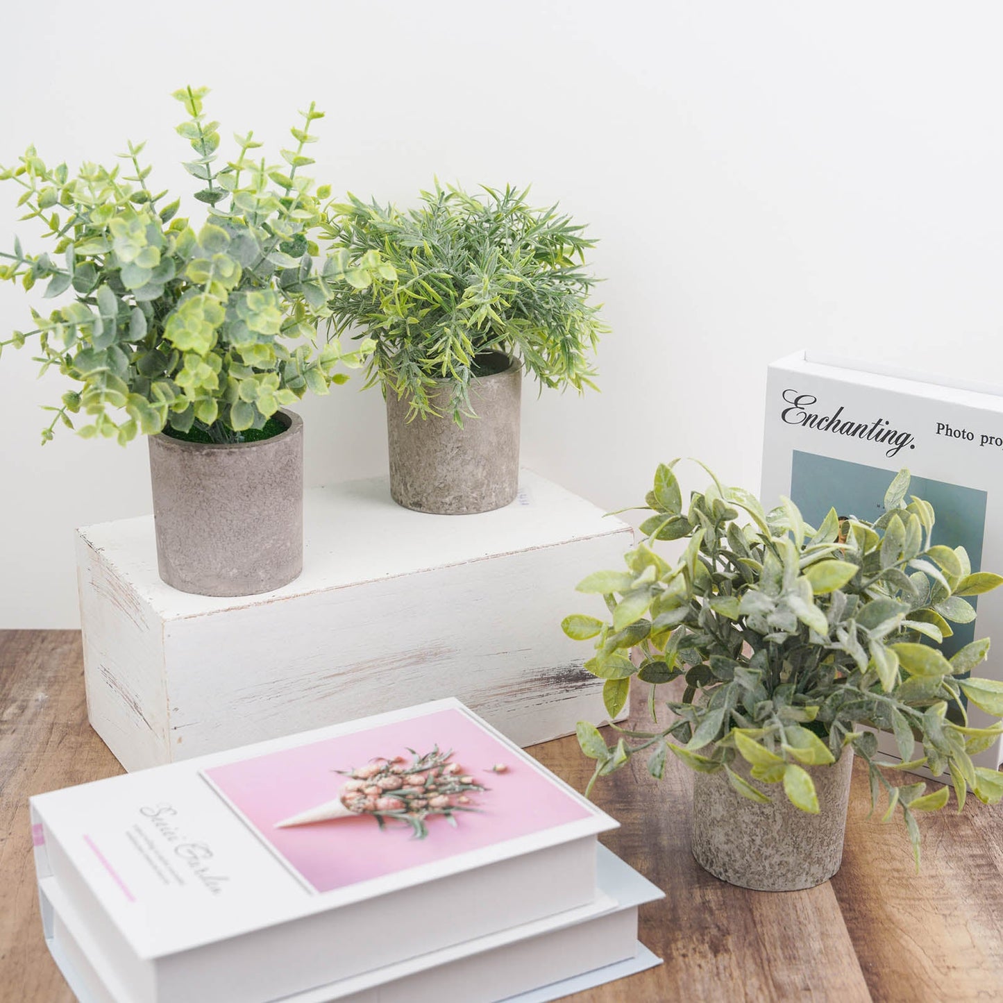 3 Plant Set Mini Potted Artificial Eucalyptus, Rosemary and Boxwood Faux Planter Collection 9"