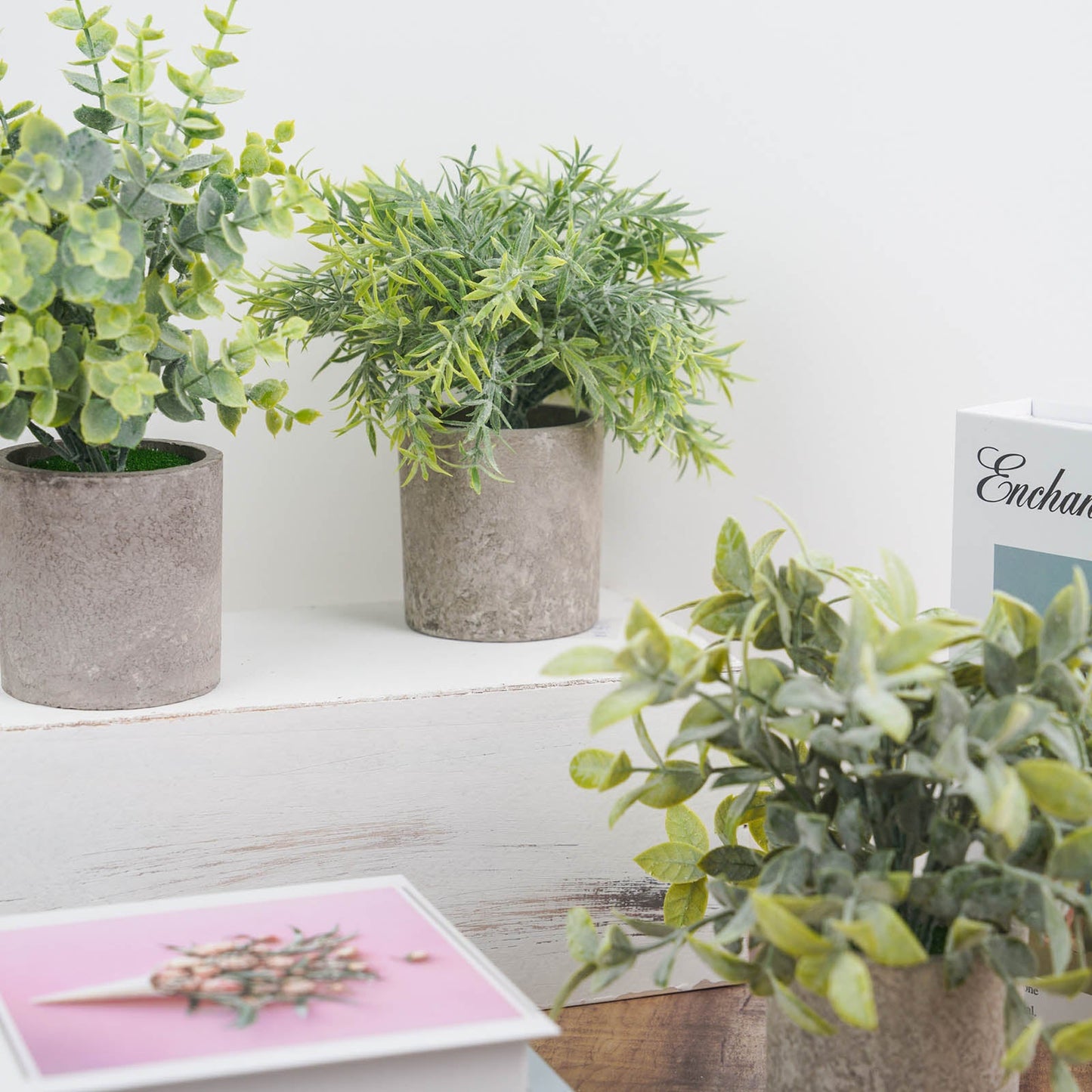 3 Plant Set Mini Potted Artificial Eucalyptus, Rosemary and Boxwood Faux Planter Collection 9"
