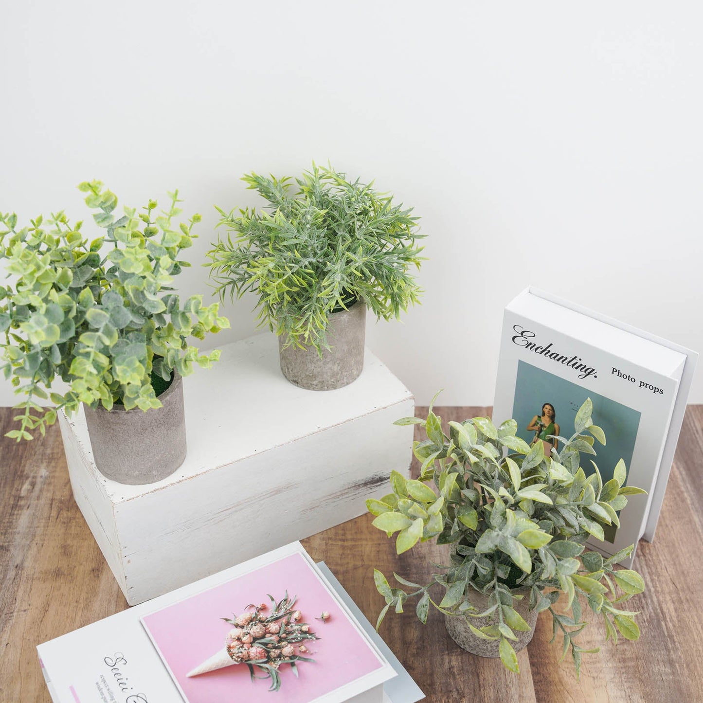 3 Plant Set Mini Potted Artificial Eucalyptus, Rosemary and Boxwood Faux Planter Collection 9"