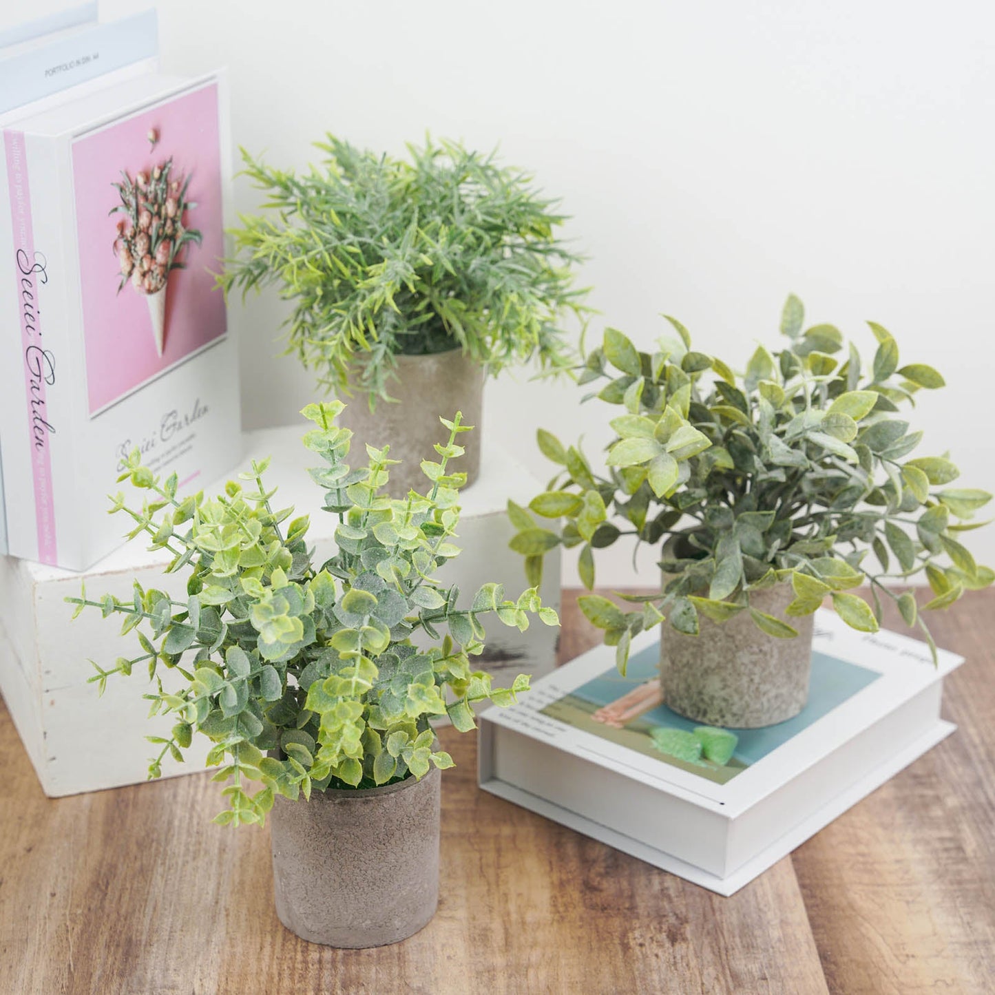 3 Plant Set Mini Potted Artificial Eucalyptus, Rosemary and Boxwood Faux Planter Collection 9"