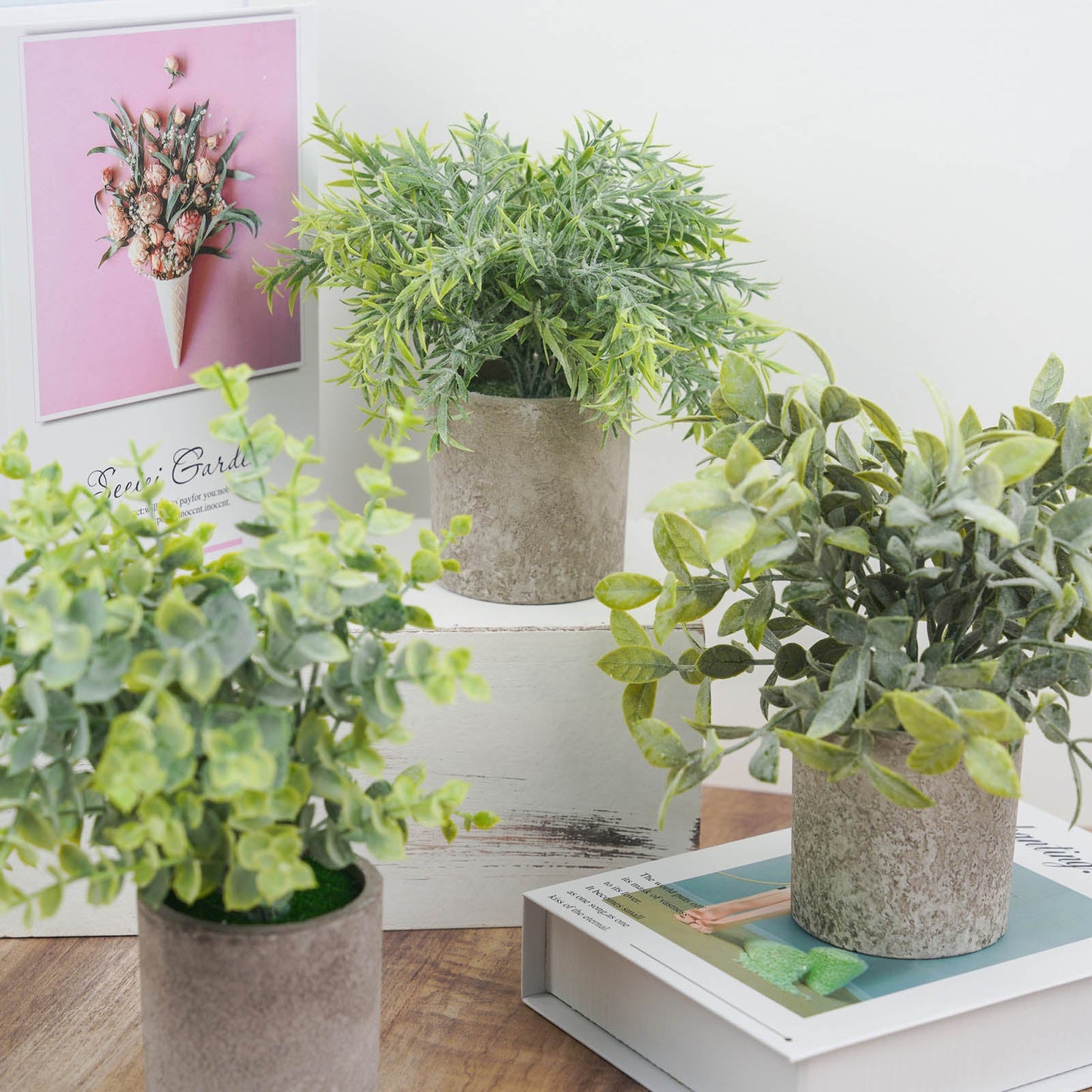 3 Plant Set Mini Potted Artificial Eucalyptus, Rosemary and Boxwood Faux Planter Collection 9"