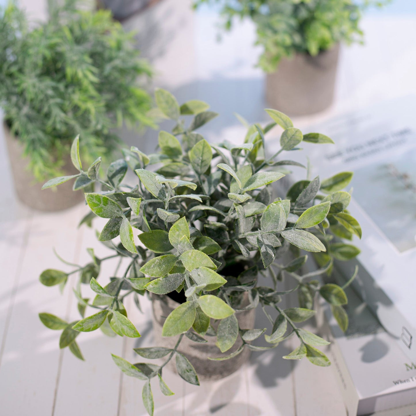 3 Plant Set Mini Potted Artificial Eucalyptus, Rosemary and Boxwood Faux Planter Collection 9"