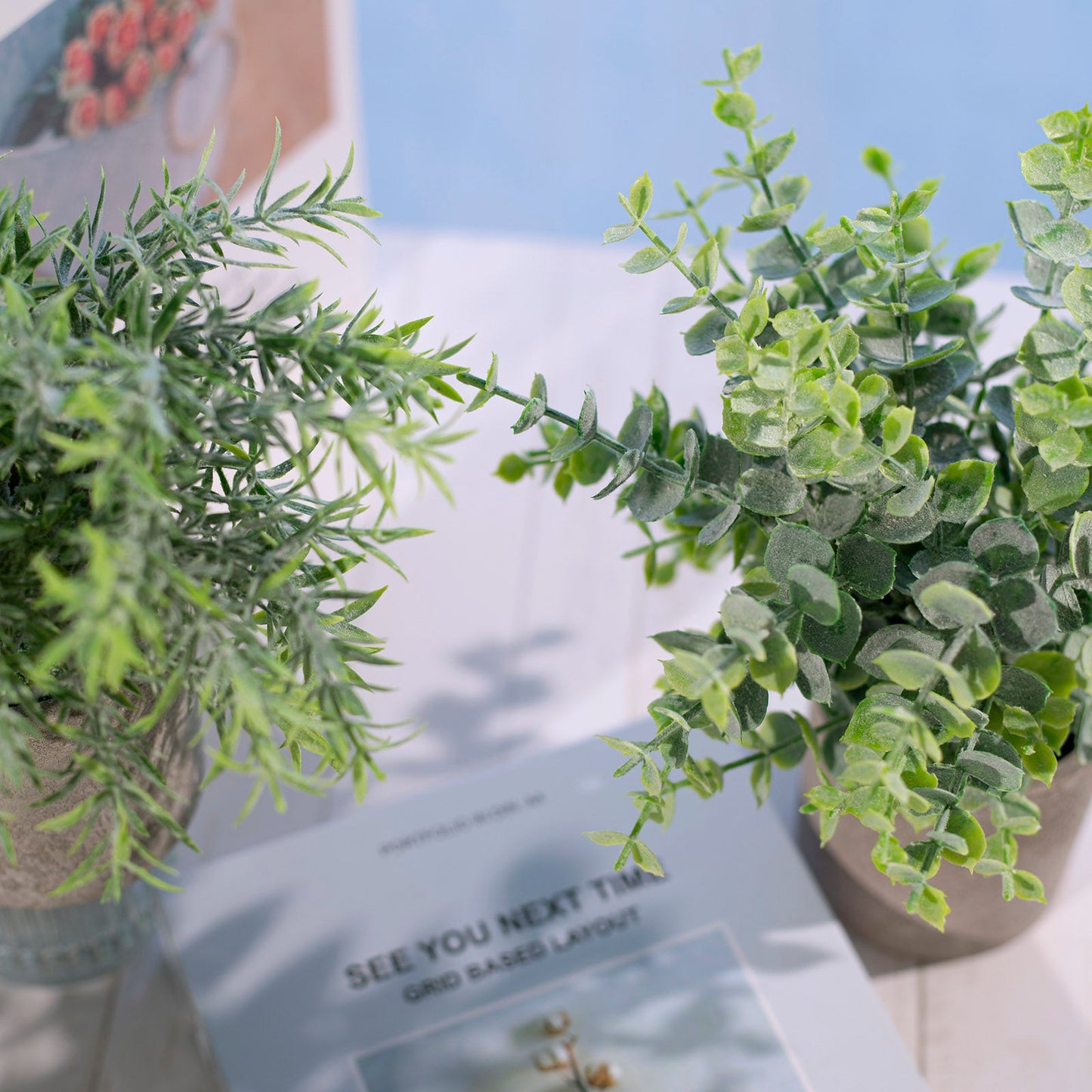 3 Plant Set Mini Potted Artificial Eucalyptus, Rosemary and Boxwood Faux Planter Collection 9"