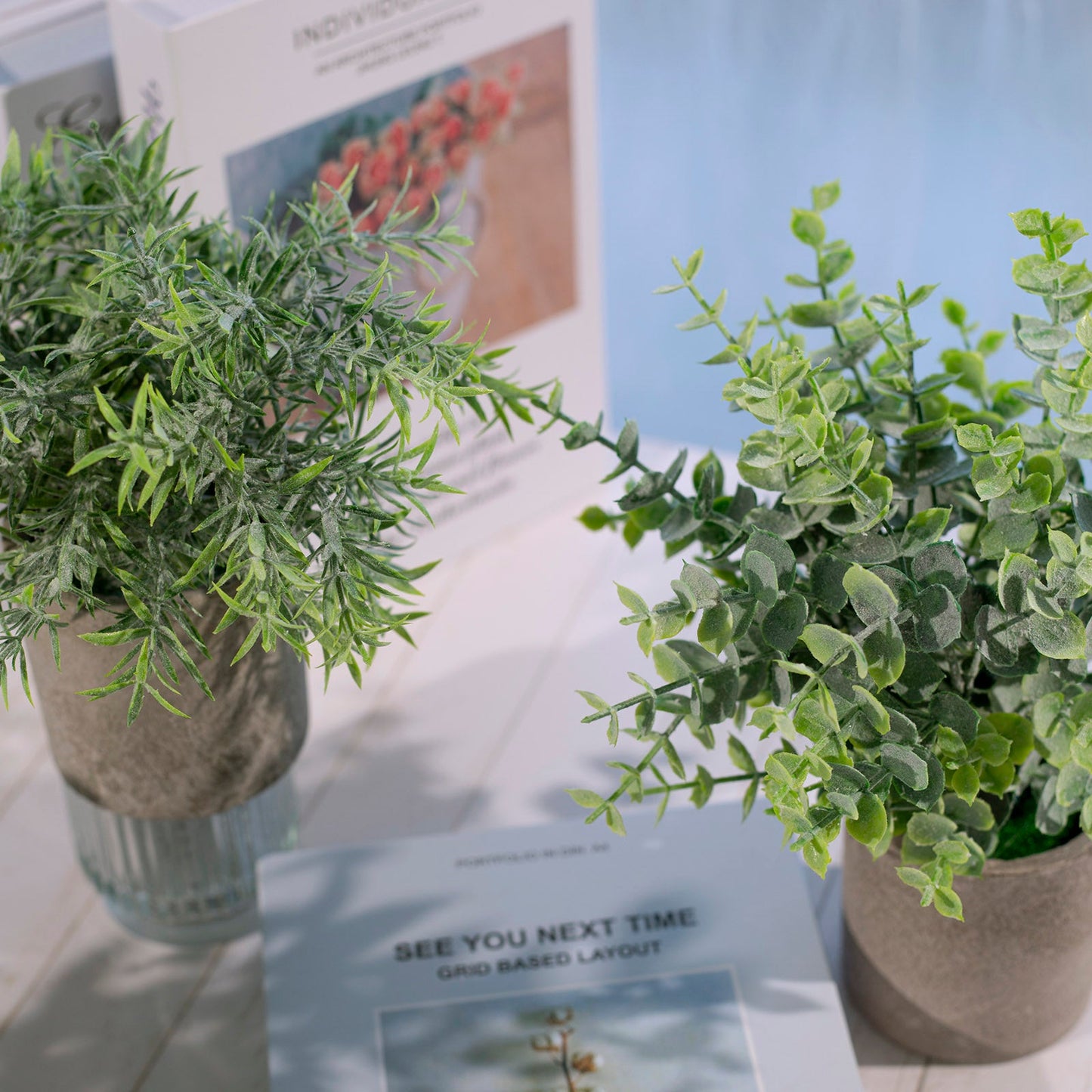 3 Plant Set Mini Potted Artificial Eucalyptus, Rosemary and Boxwood Faux Planter Collection 9"