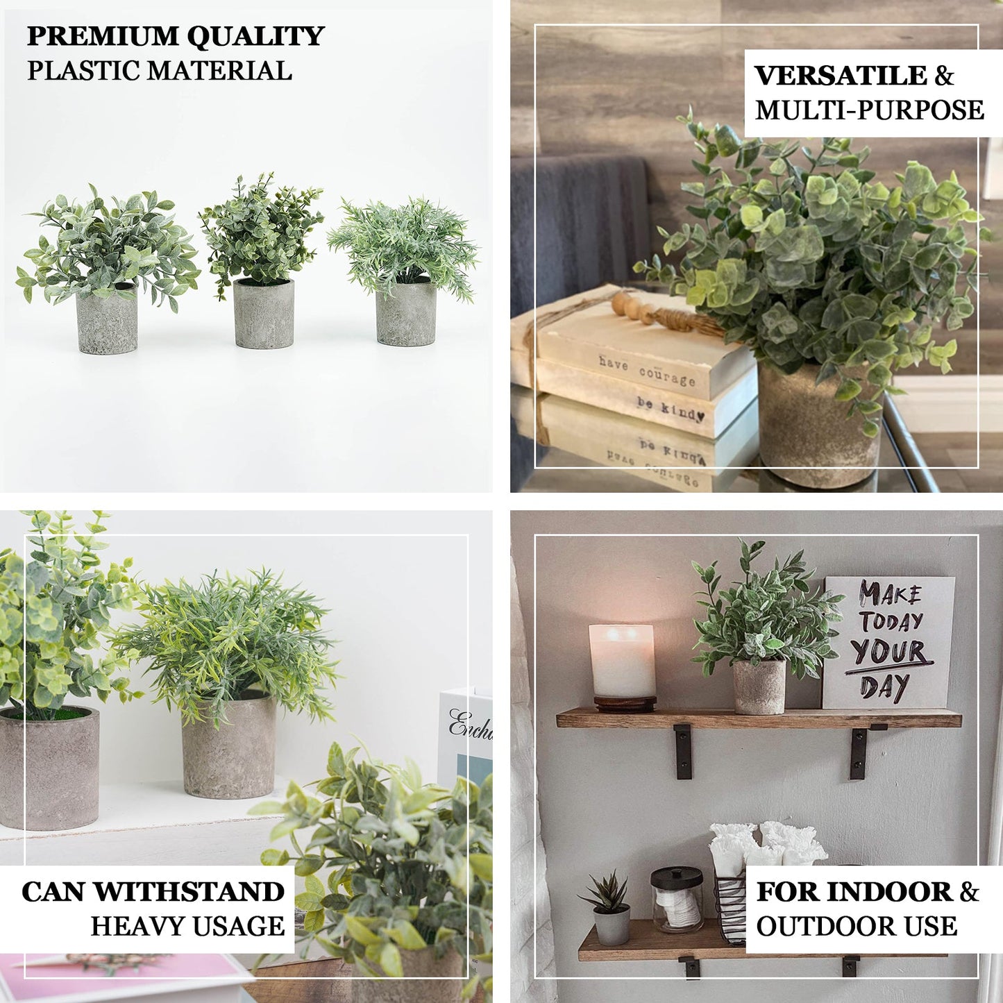 3 Plant Set Mini Potted Artificial Eucalyptus, Rosemary and Boxwood Faux Planter Collection 9"