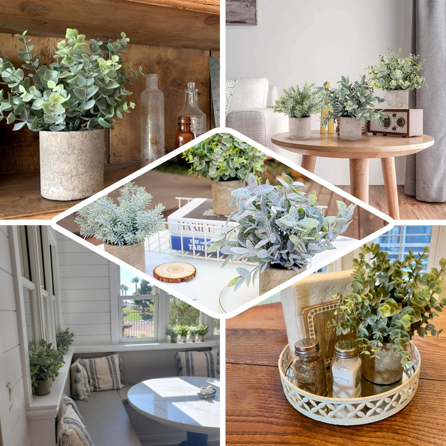 3 Plant Set Mini Potted Artificial Eucalyptus, Rosemary and Boxwood Faux Planter Collection 9"