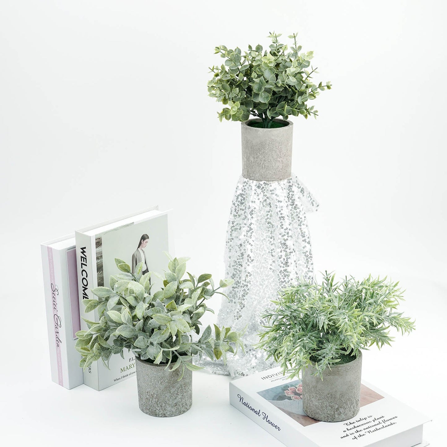3 Plant Set Mini Potted Artificial Eucalyptus, Rosemary and Boxwood Faux Planter Collection 9"