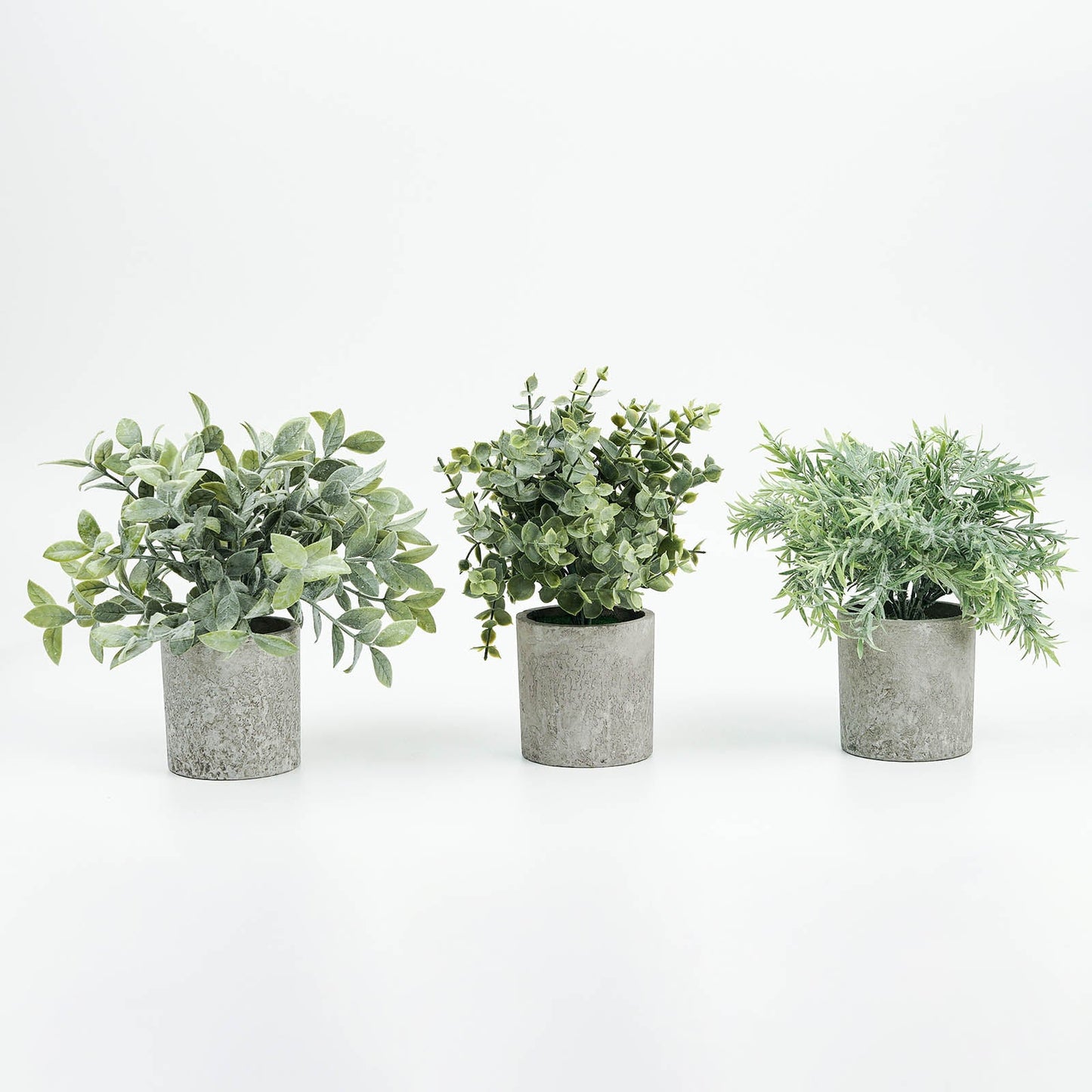 3 Plant Set Mini Potted Artificial Eucalyptus, Rosemary and Boxwood Faux Planter Collection 9"