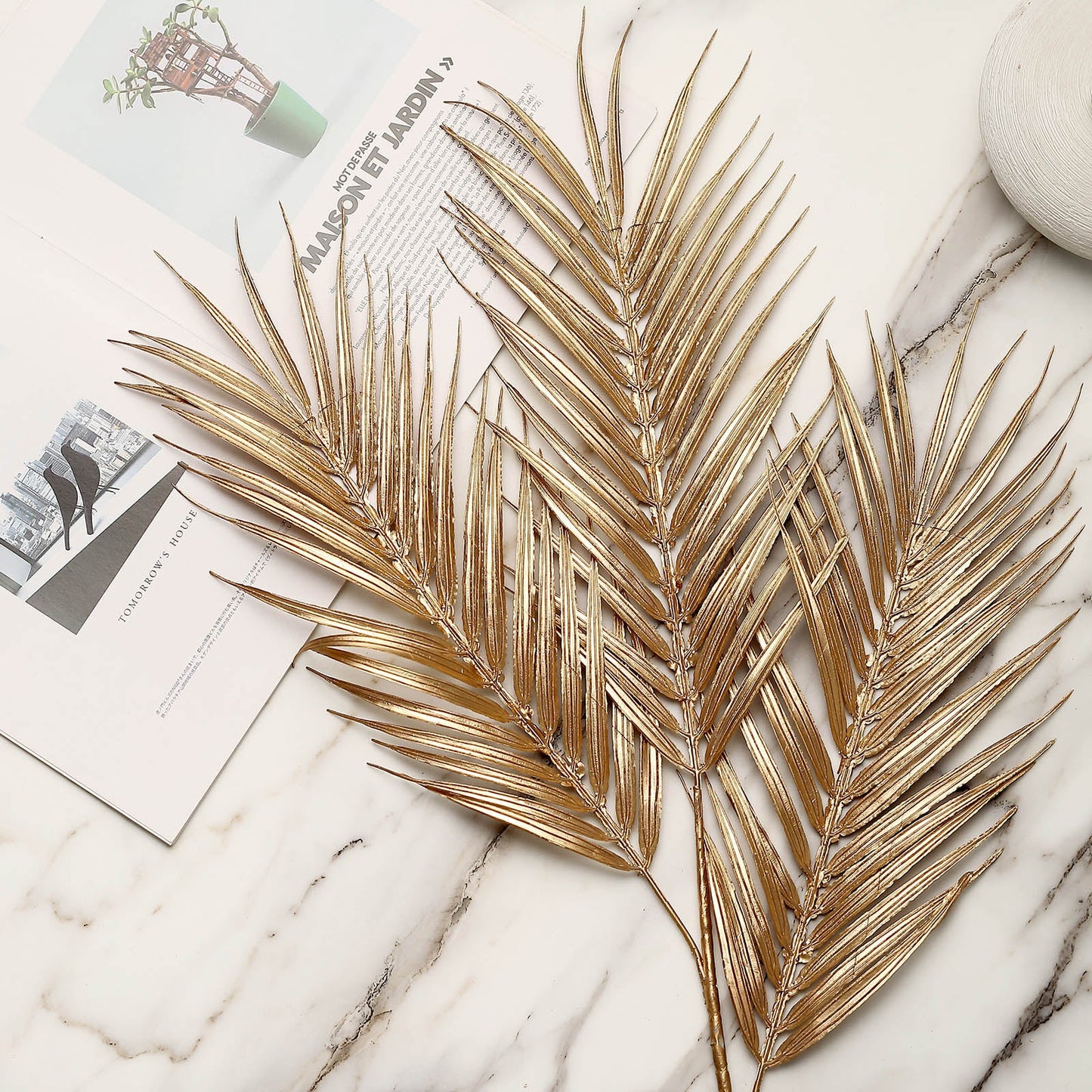 2 Stems Metallic Gold Artificial Palm Leaf Branch Vase Filler 32"