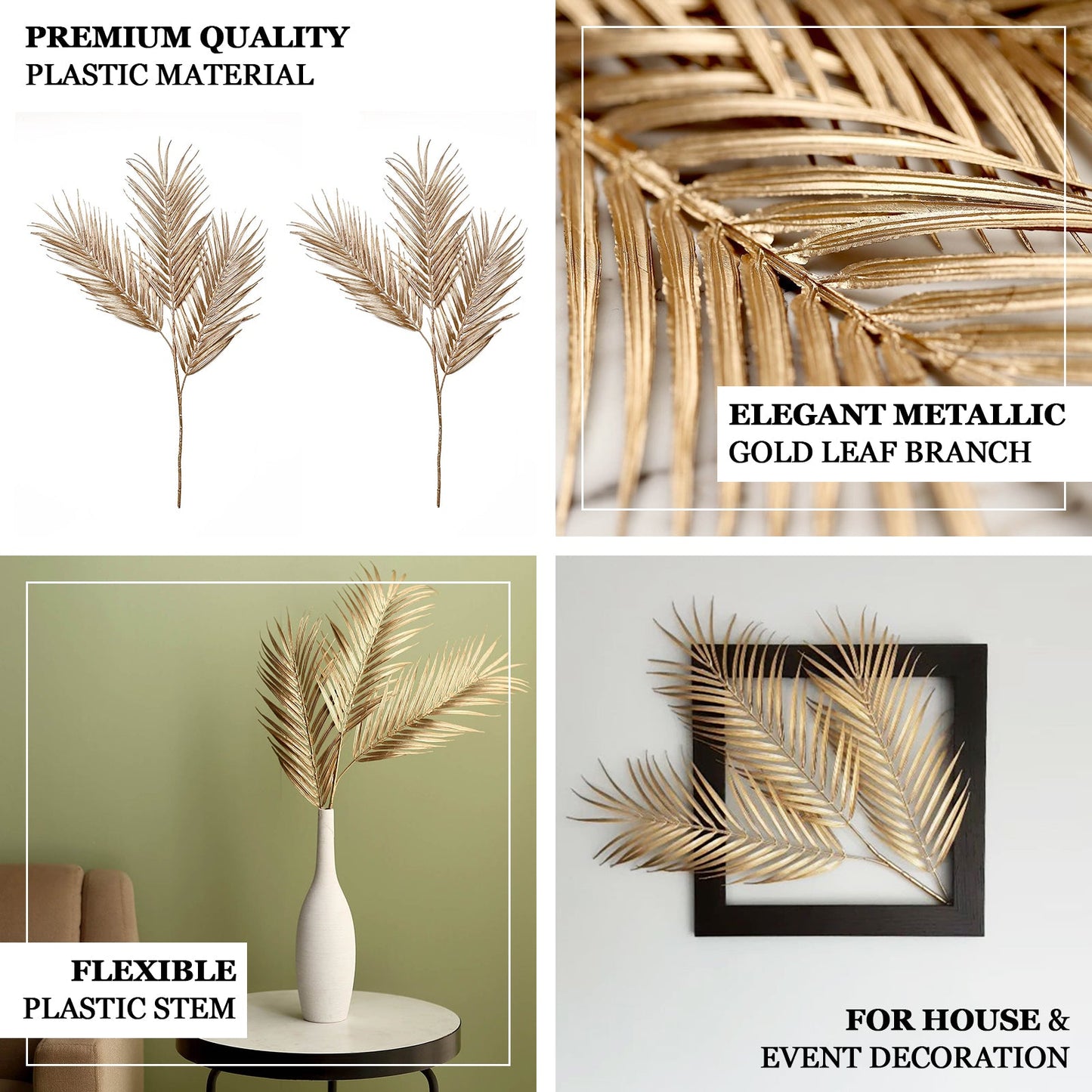 2 Stems Metallic Gold Artificial Palm Leaf Branch Vase Filler 32"