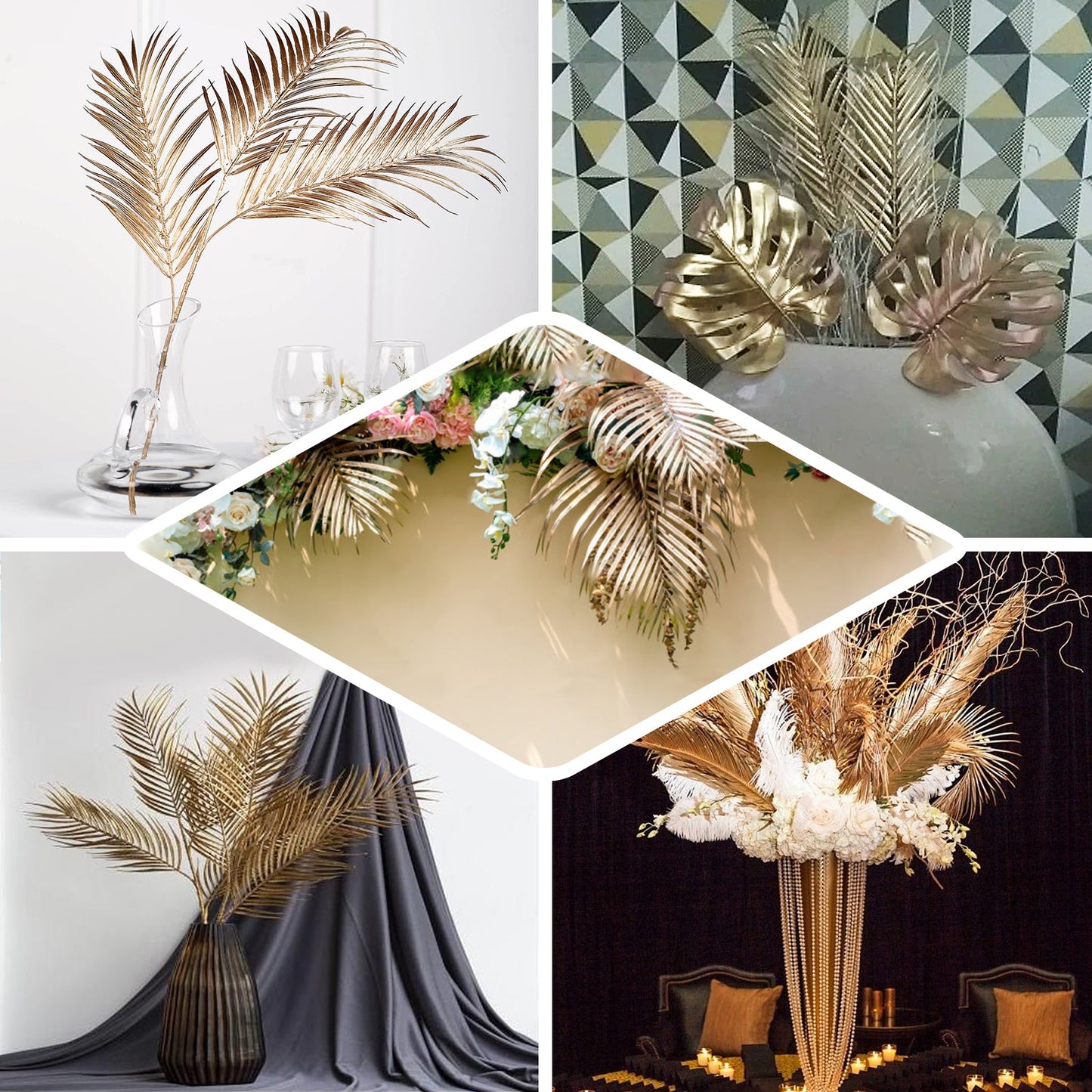 2 Stems Metallic Gold Artificial Palm Leaf Branch Vase Filler 32"