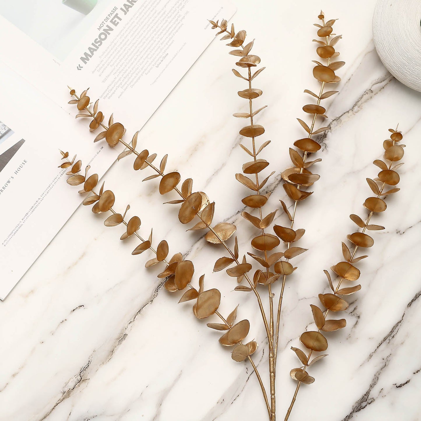 2 Stems Metallic Gold Artificial Spiral Eucalyptus Leaf Branch Vase Filler - 34"