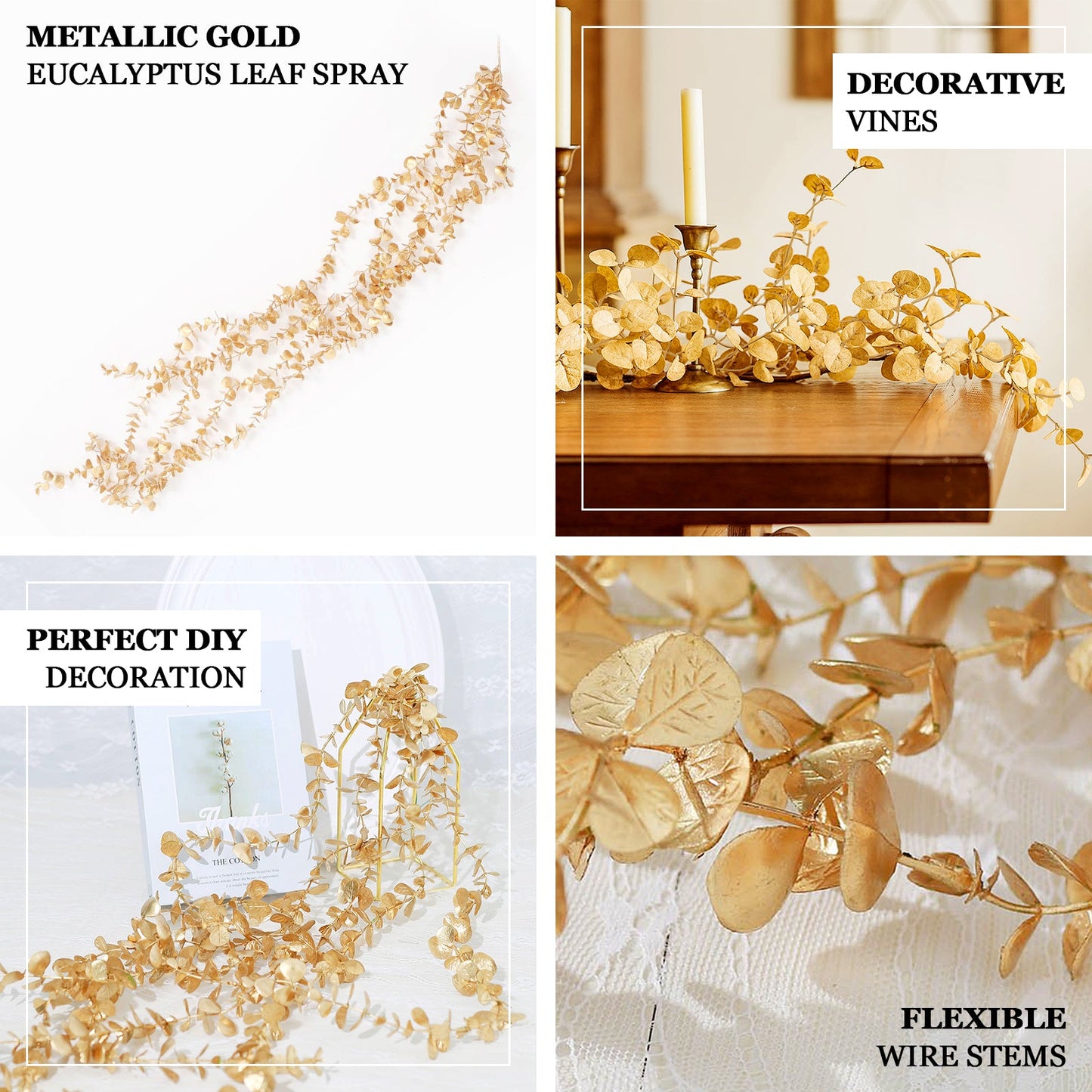 Metallic Gold Artificial Eucalyptus Leaf Garland, Faux Vine 4ft