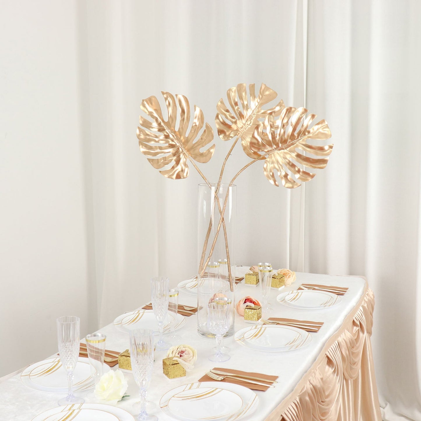 3 Pack Shiny Golden Artificial Tropical Plant Palm Leaf Stems, Faux Monstera Leaves, Floral Arrangements Table Centerpiece Decor 29"