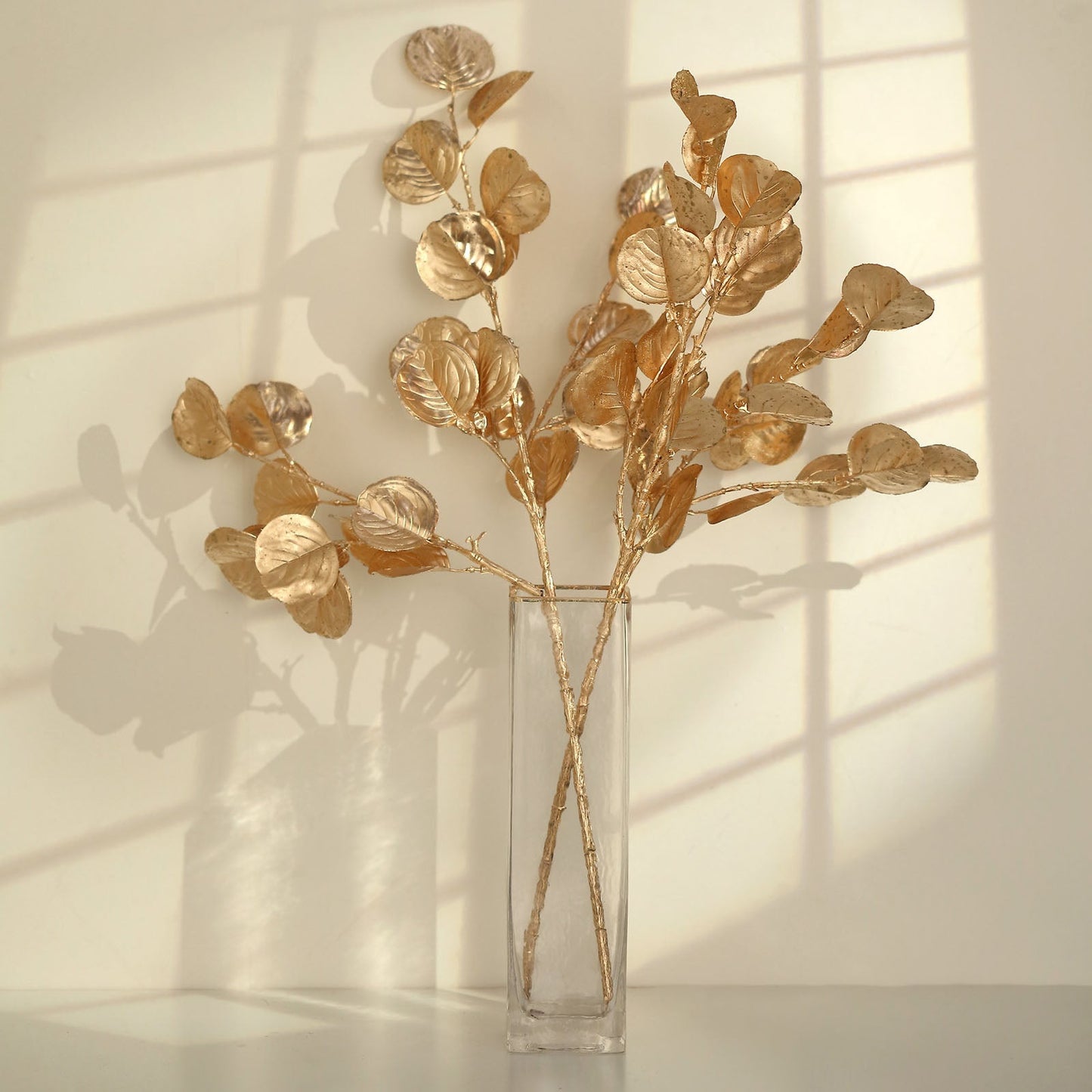 2 Pack Metallic Gold Artificial Round Eucalyptus Leaf Branches, Faux Decorative Bouquets 27"