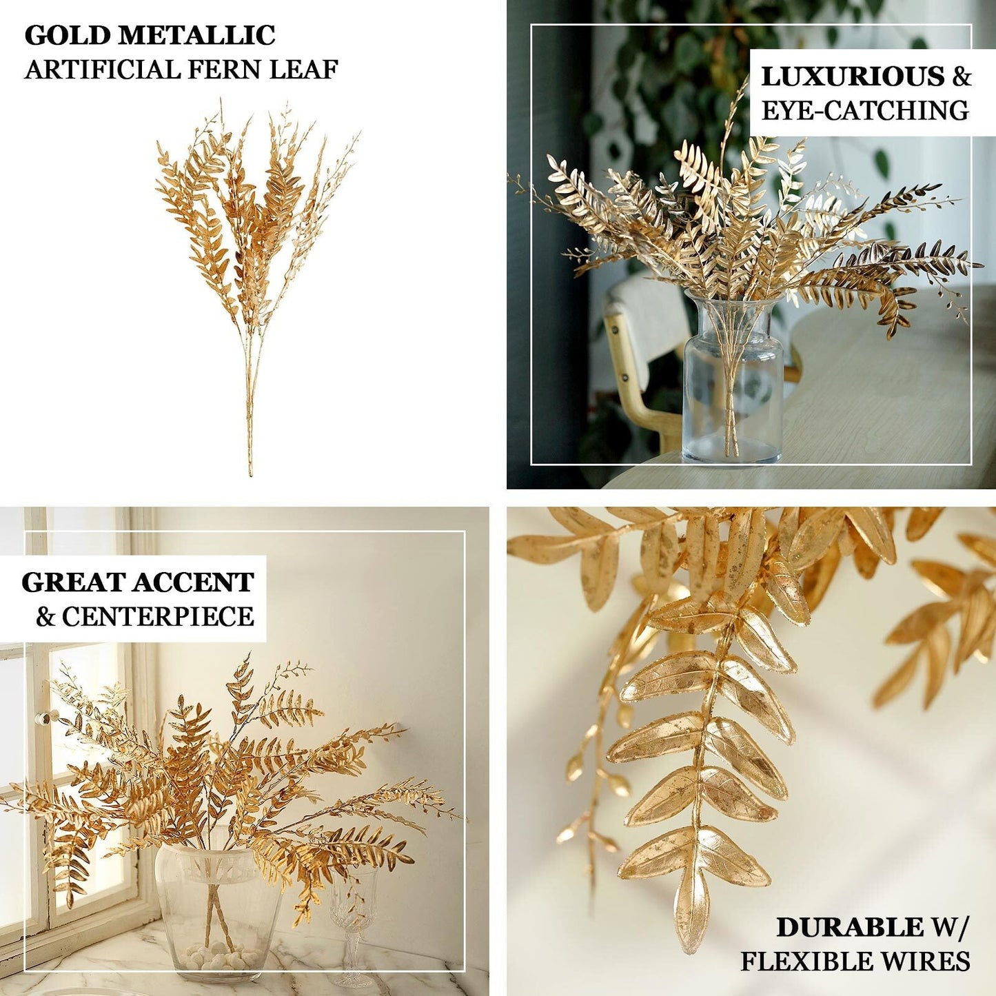 2 Pack Metallic Gold Artificial Fern Leaf Branches, Faux Decorative Bouquets 21"