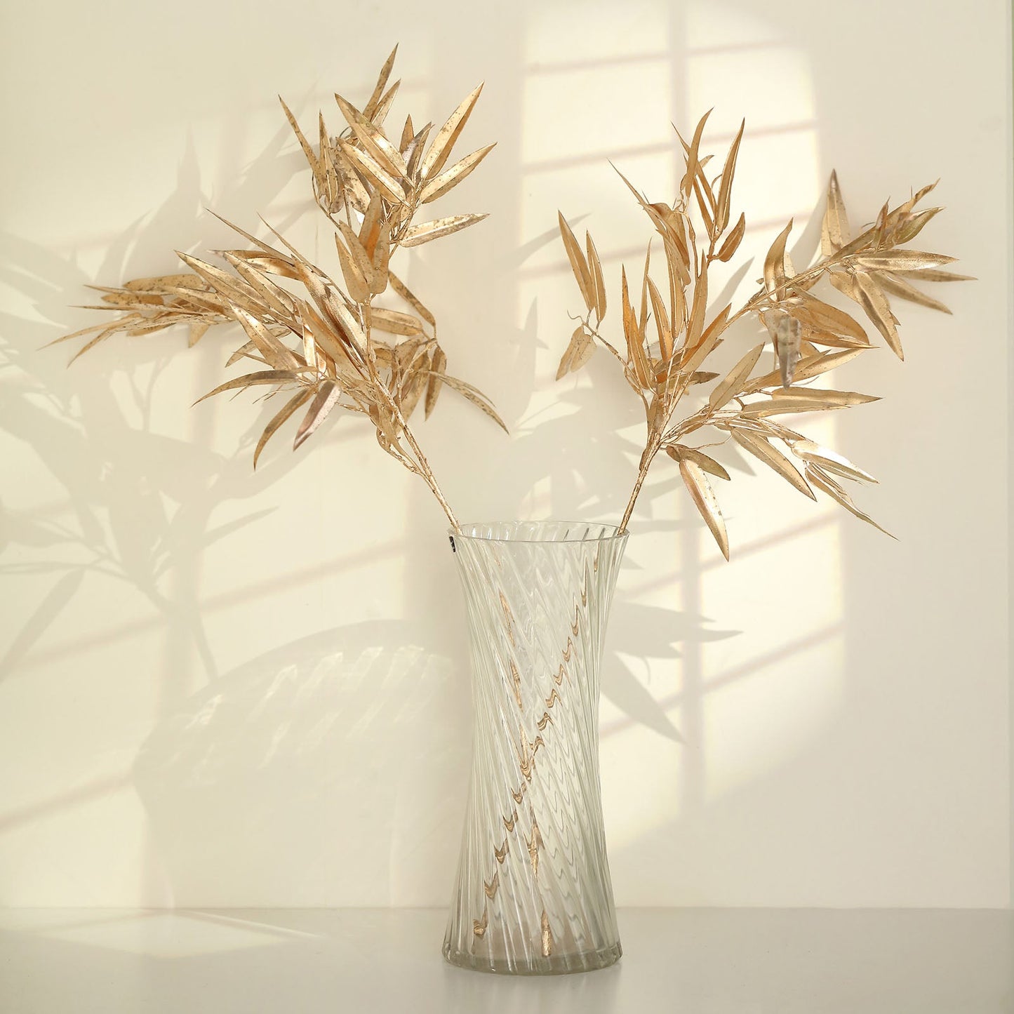 2 Pack Shiny Metallic Gold Faux Plant Arrangement Floral Stems, Artificial Bamboo Leaf Branches 33"