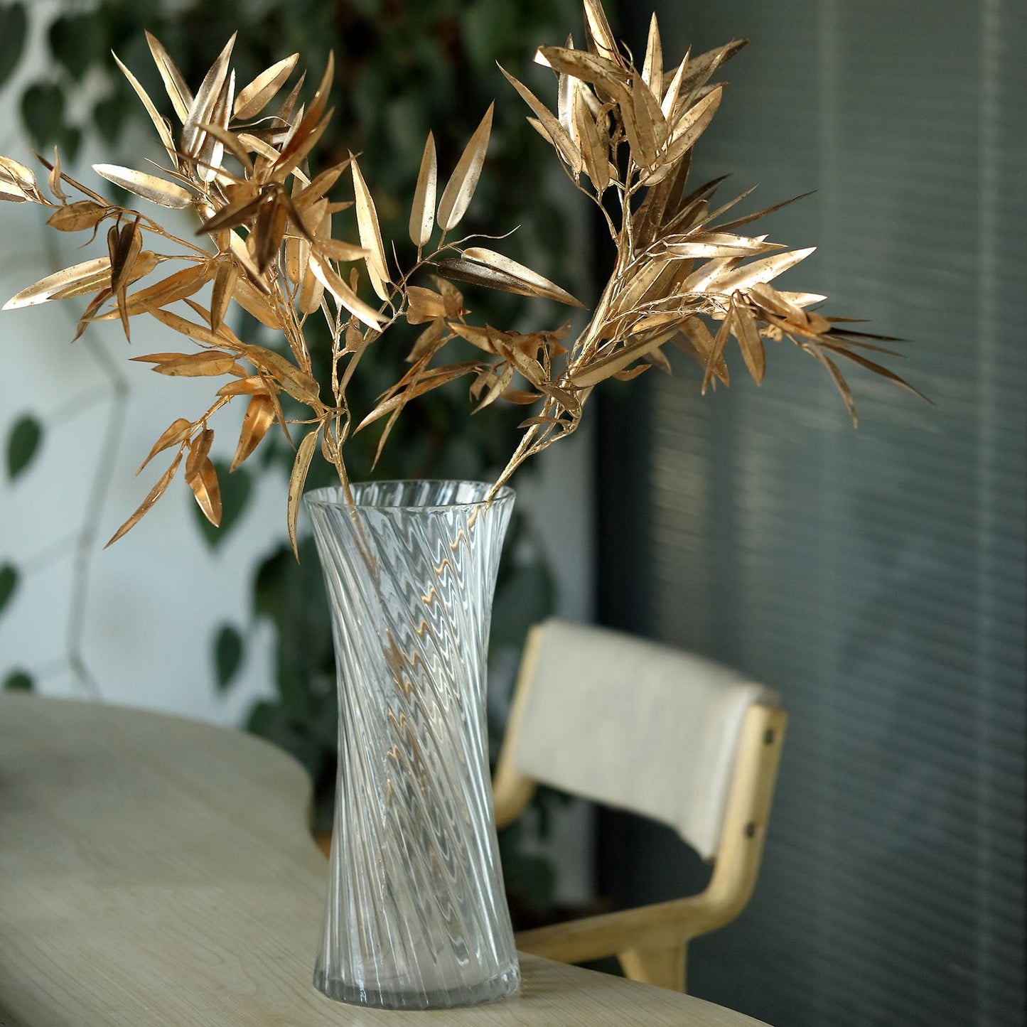 2 Pack Shiny Metallic Gold Faux Plant Arrangement Floral Stems, Artificial Bamboo Leaf Branches 33"