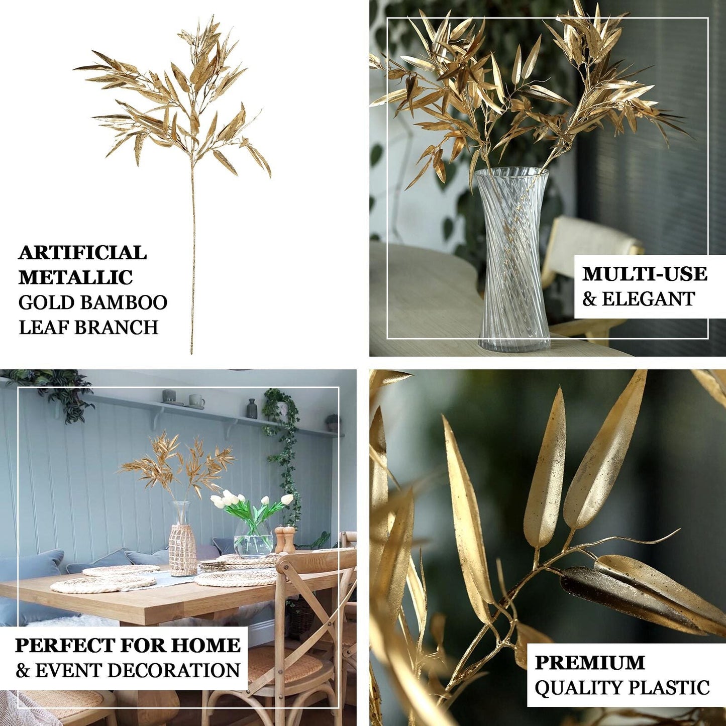2 Pack Shiny Metallic Gold Faux Plant Arrangement Floral Stems, Artificial Bamboo Leaf Branches 33"